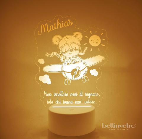 Lampada LED in plexiglass | NIGHT LIGHT | orsetto con aeroplano BELLINVETRO VR 394