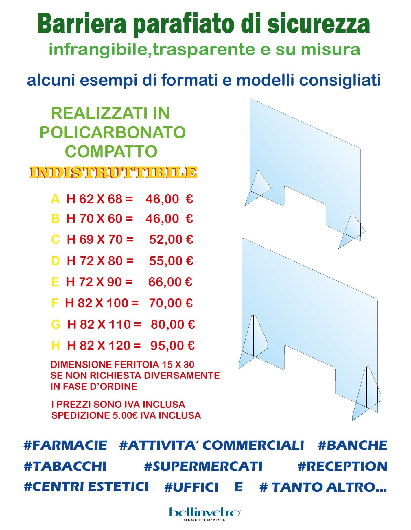 parafiato in policarbonato compatto e plexiglass CON SUPPORTI BELLINVETRO