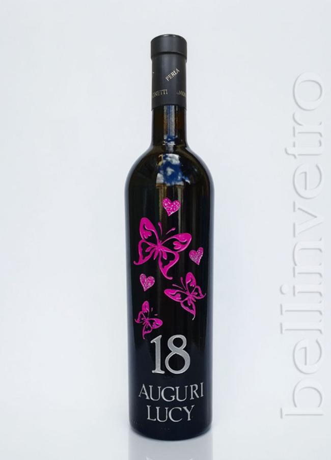 Bottiglia incisa e dipinta a mano 18 compleanno VINO CANTINE PAOLINI 04