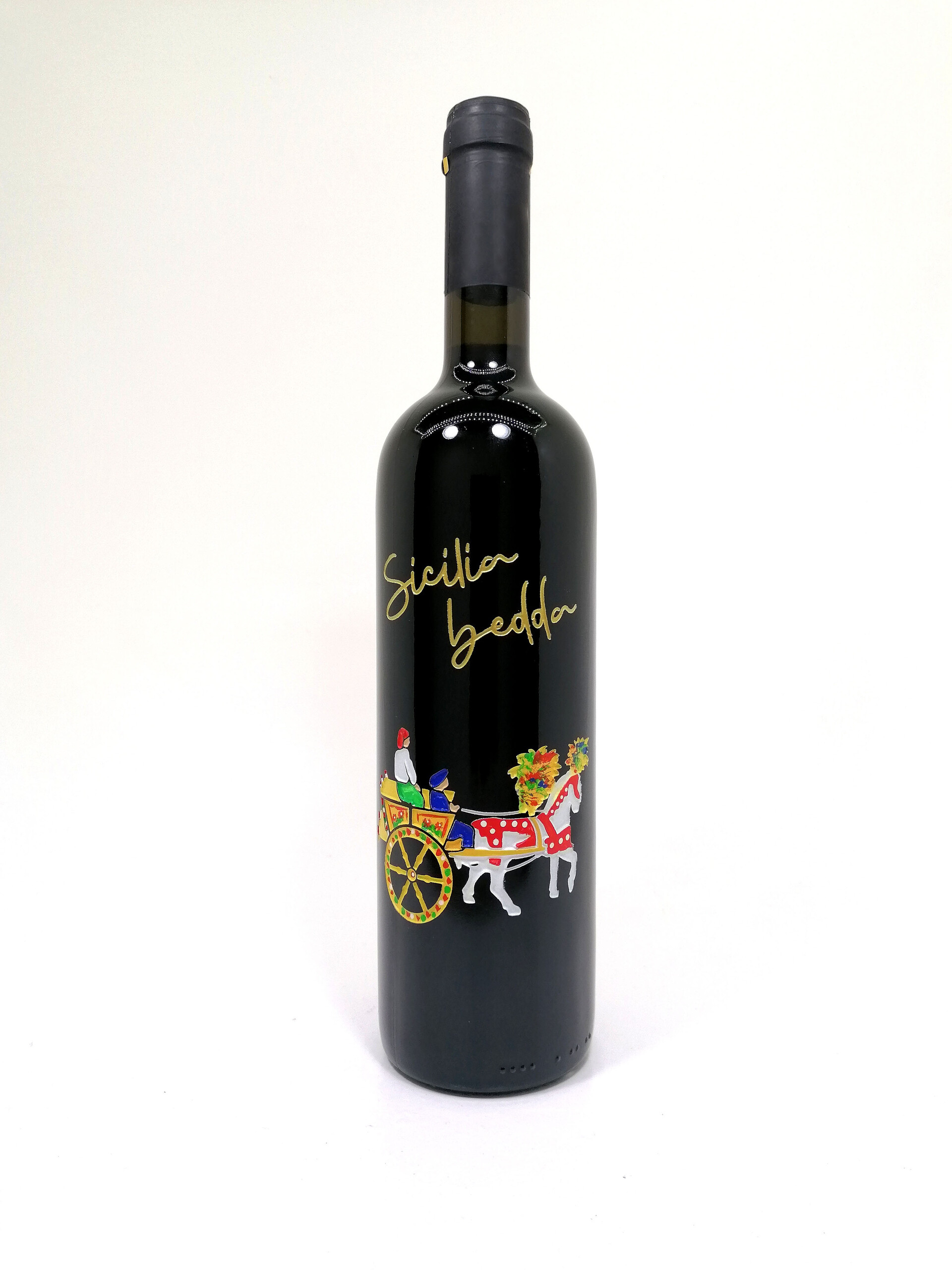 Bottiglie siciliane incise e dipinte a mano Carretto siciliano souvenir BELLINVETRO VINO PAOLINI SVN 07