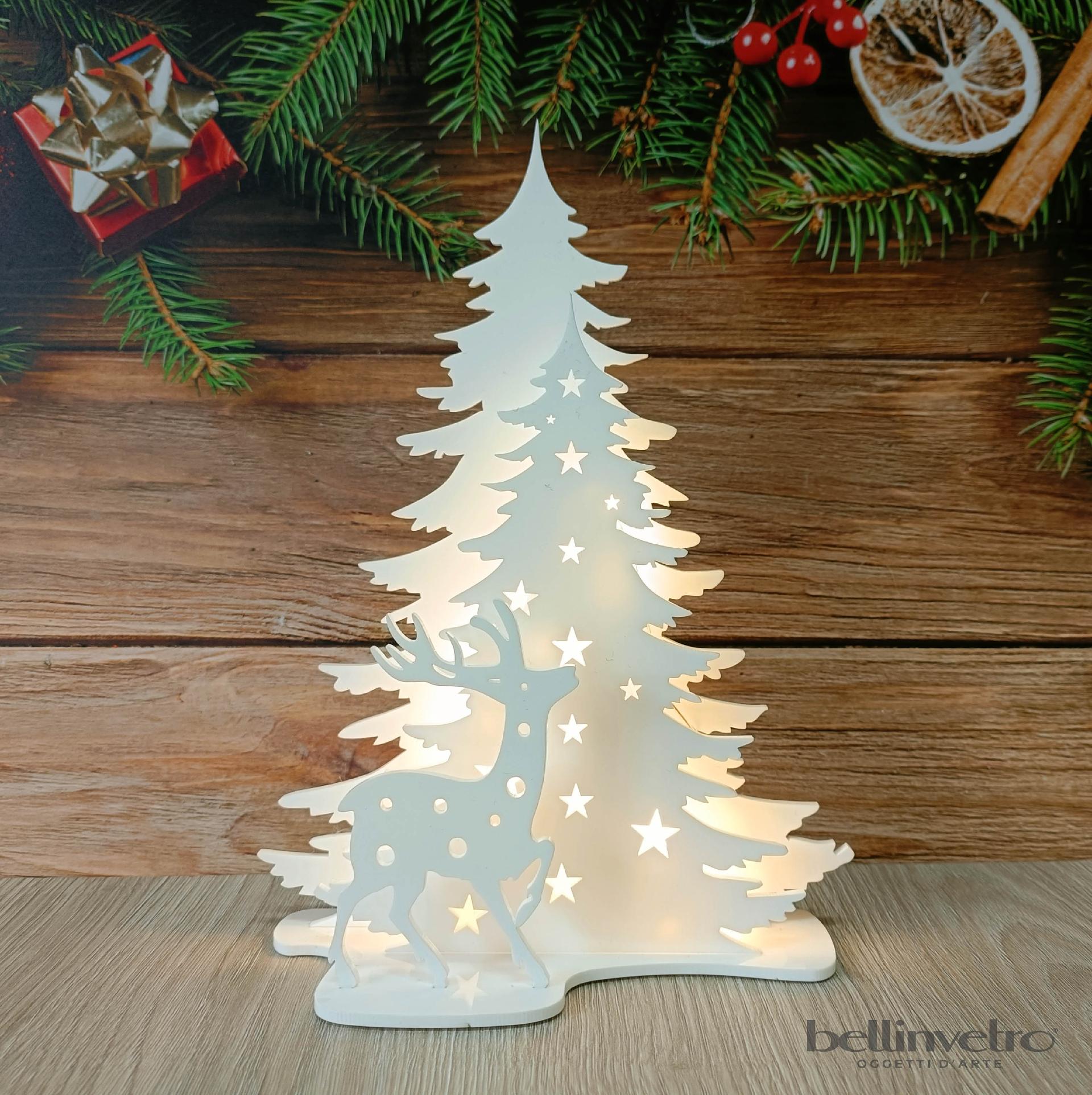 Renna con alberi con base d'appoggio in plexiglass bianco e luci led BELLINVETRO VR 377