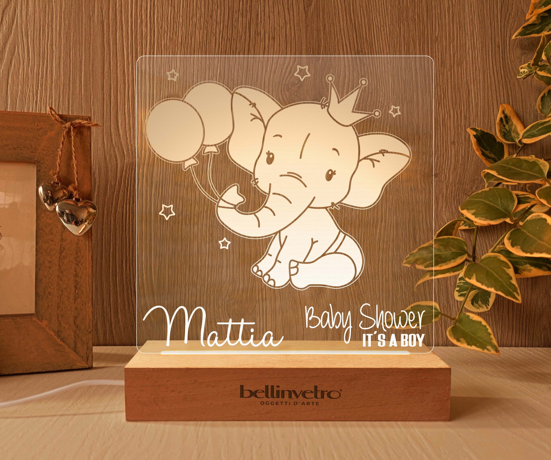 Lampada LED in plexiglass | NIGHT LIGHT | elefantino e palloncino con base in legno BELLINVETRO VR 398
