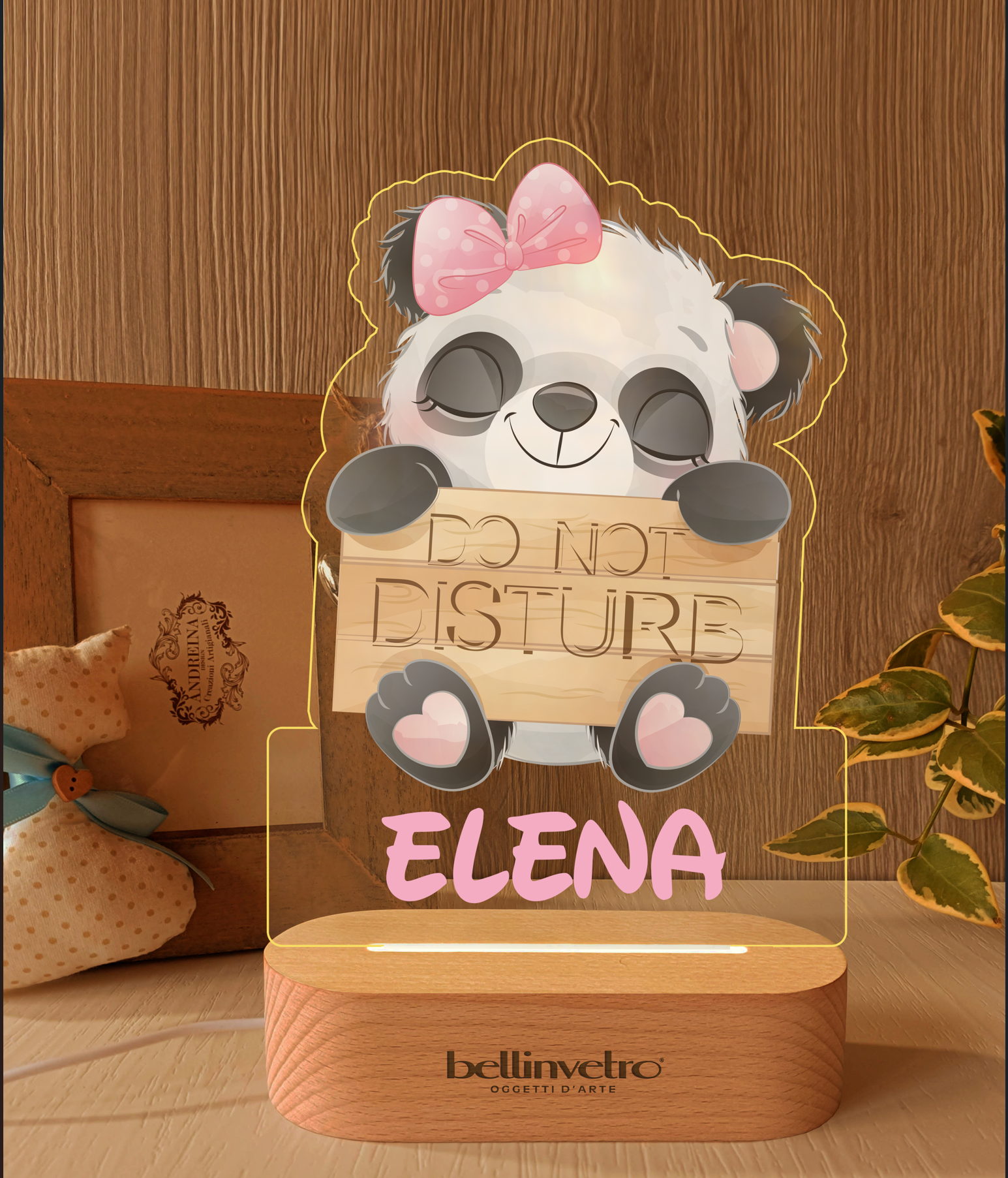 Lampada LED in plexiglass | NIGHT LIGHT | panda - do not disturbe - con base in legno BELLINVETRO VR-UV 862