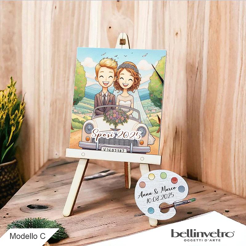 Cavalletti con quadretti - tele con tavolozze in legno per nozze coppia sposi BELLINVETRO VR-UV 1208