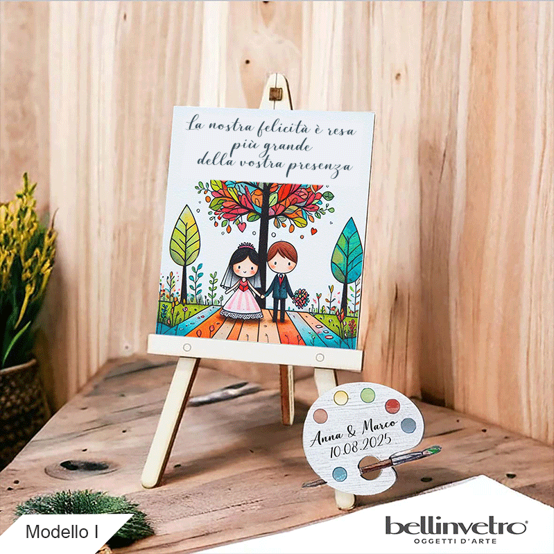 Cavalletti con quadretti - tele con tavolozze in legno per nozze coppia sposi BELLINVETRO VR-UV 1208