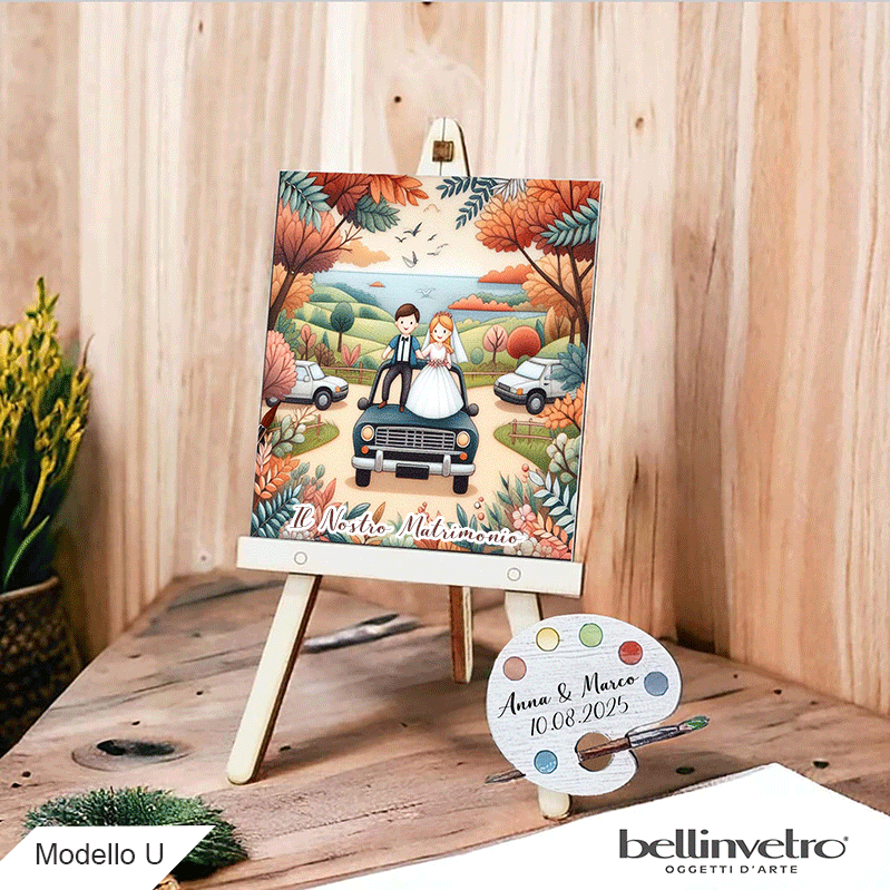 Cavalletti con quadretti - tele con tavolozze in legno per nozze coppia sposi BELLINVETRO VR-UV 1208