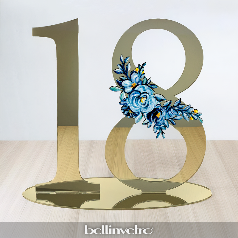 Numero personalizzabile in plexiglass specchiato con decoro floreale BELLINVETRO VR 1120