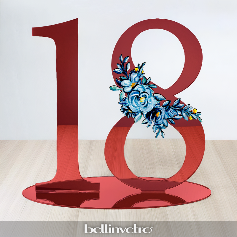 Numero personalizzabile in plexiglass specchiato con decoro floreale BELLINVETRO VR 1120