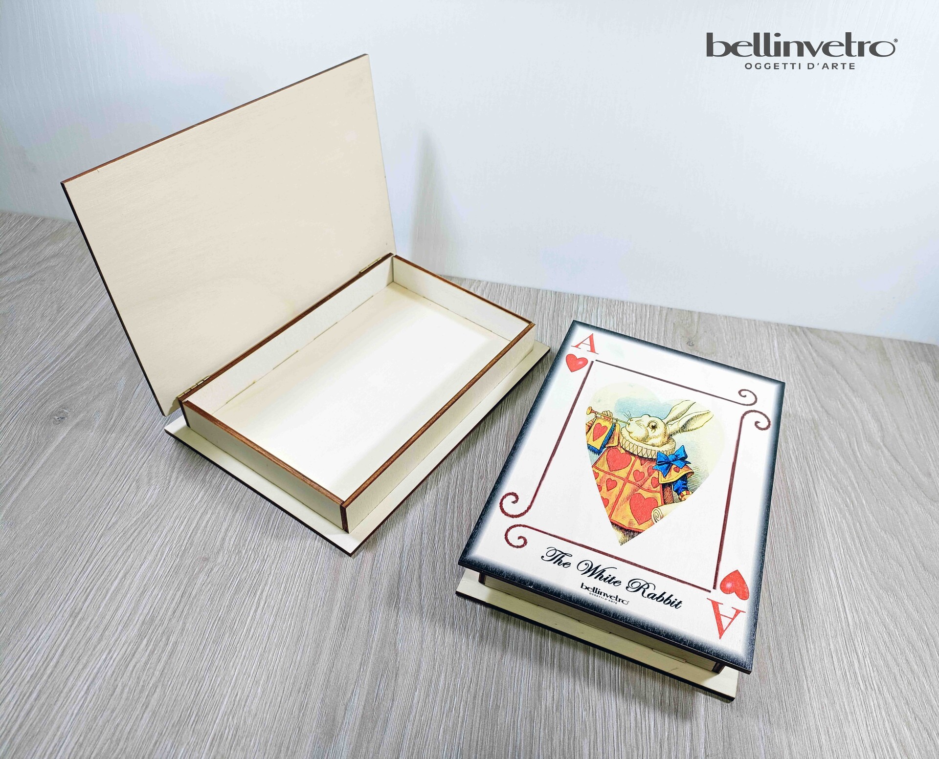 COFANETTO| SCATOLA LEGNO CON STAMPA CARTA ALICE NEL PAESE DELLE MERAVIGLIE BELLINVETRO UV-VR 424