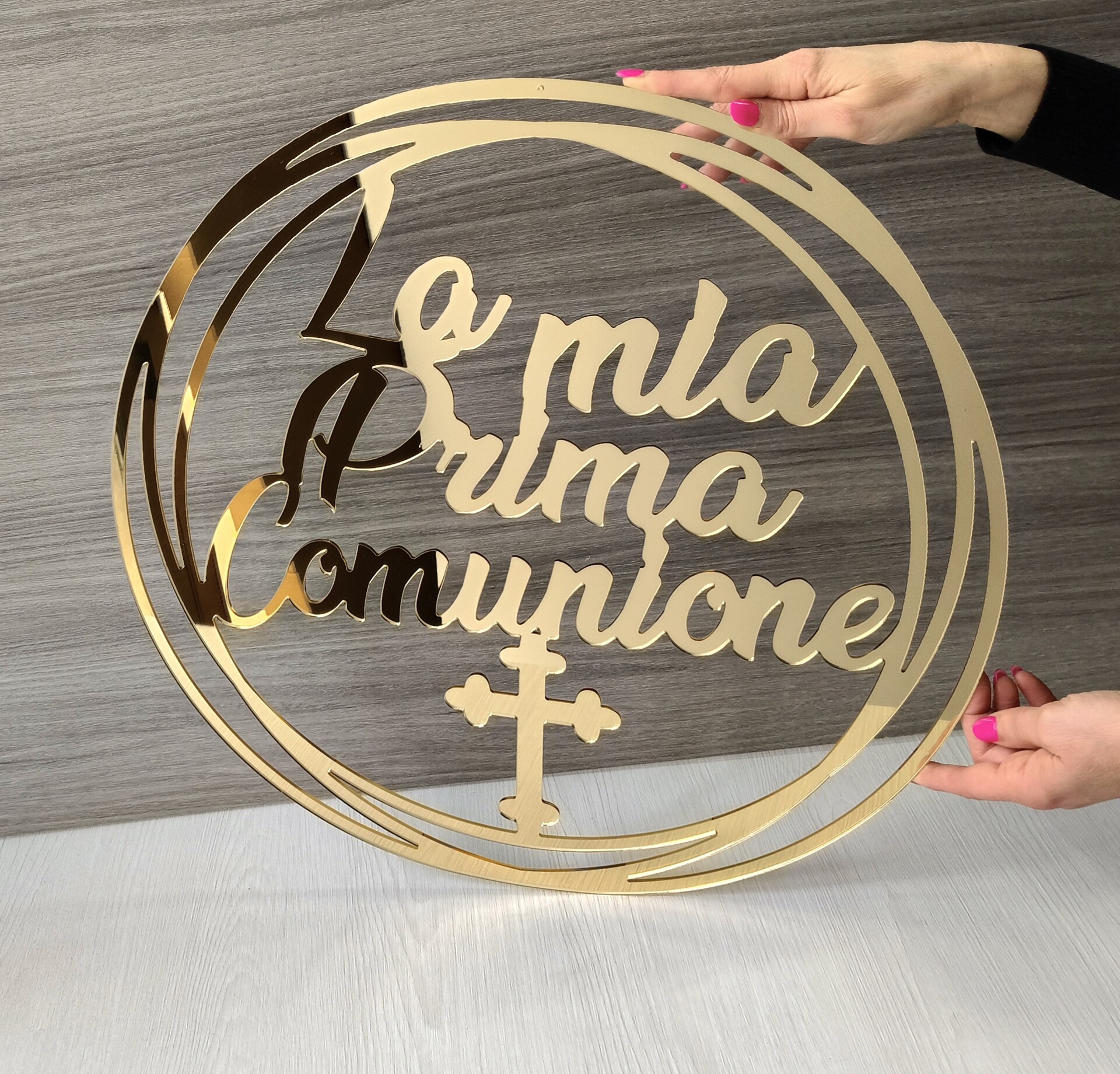 Cerchio in plexiglass specchiato "La Mia Prima Comunione" con simbolo croce BELLINVETRO VR 1365