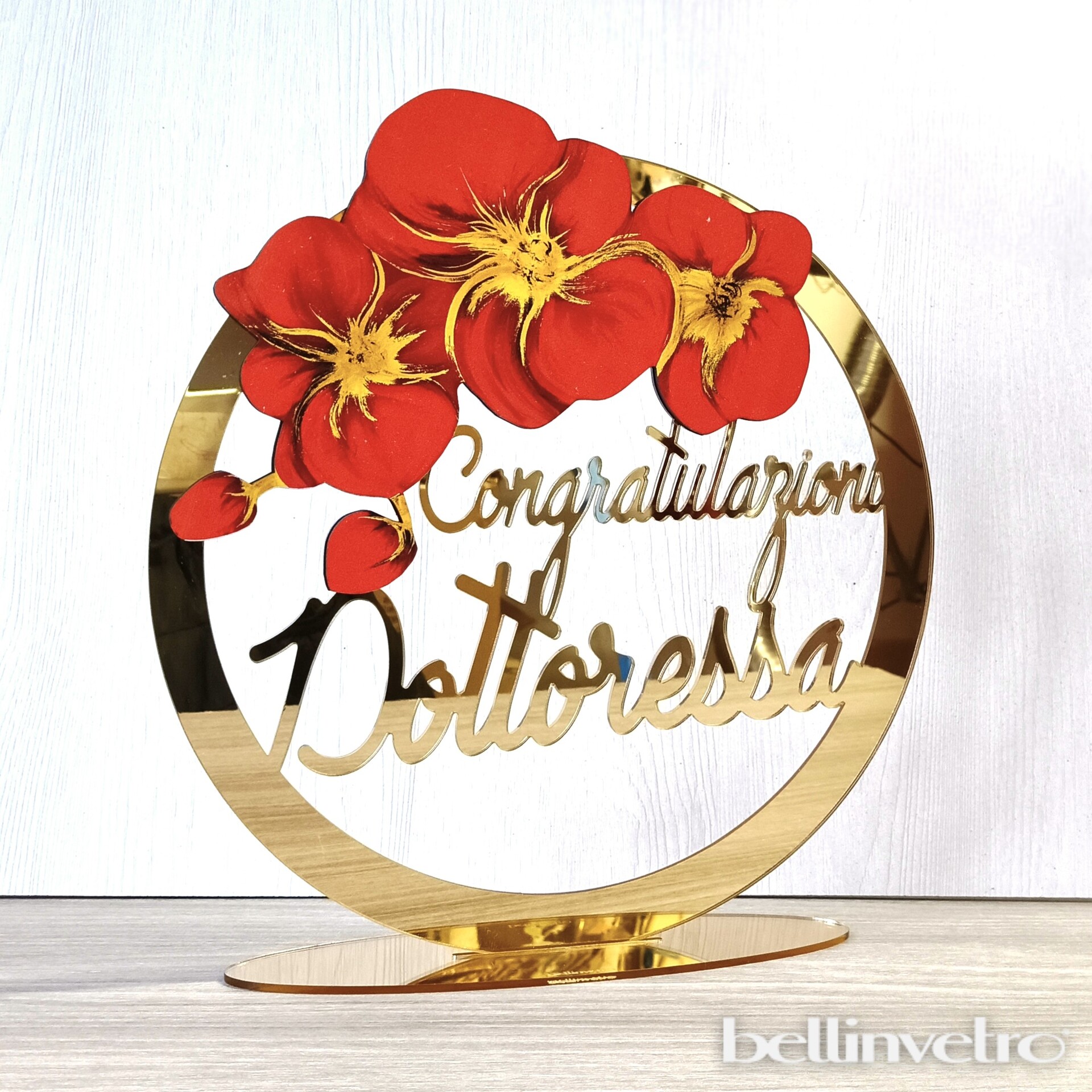 Cerchio in plexiglass specchiato Congratulazioni Dottoressa con decoro floreale BELLINVETRO VR-UV 289