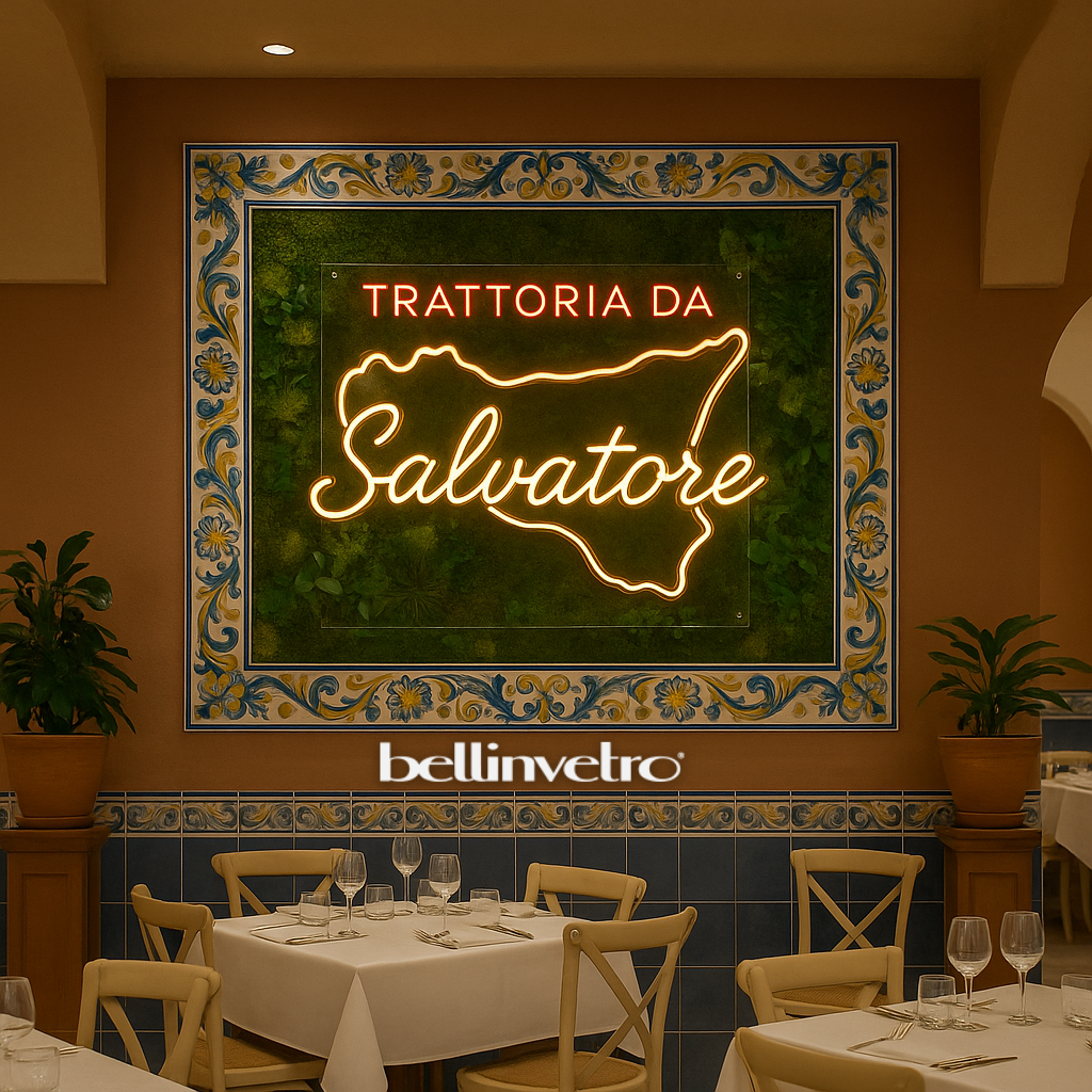 Insegna a neon - ristorante | locali | Sicilia con nome BELLINVETRO