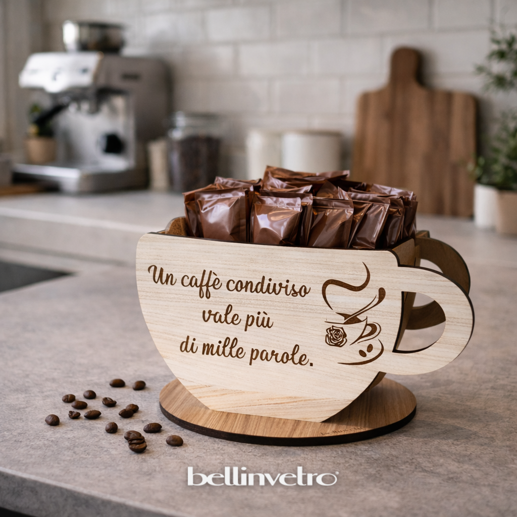 Tazzona porta cialde in legno con frase personalizzata BELLINVETRO VR 736