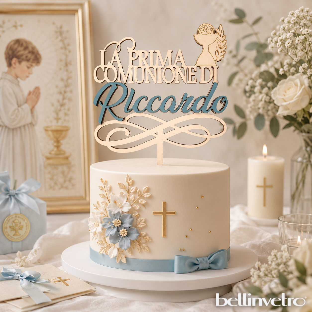 Cake topper in legno pioppo la prima comunione di | personalizzabile con nome | con calice e spiga BELLINVETRO VR 1246