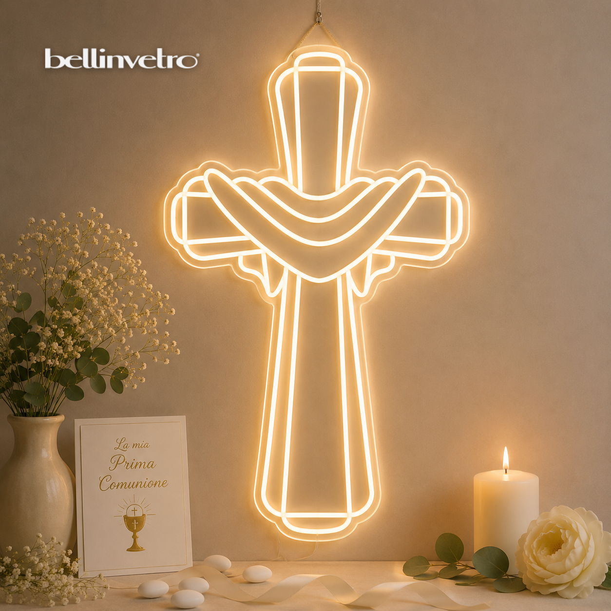 Simbolo comunione e cresima croce neon led | monocolore da parete | d'appoggio BELLINVETRO VR 1486