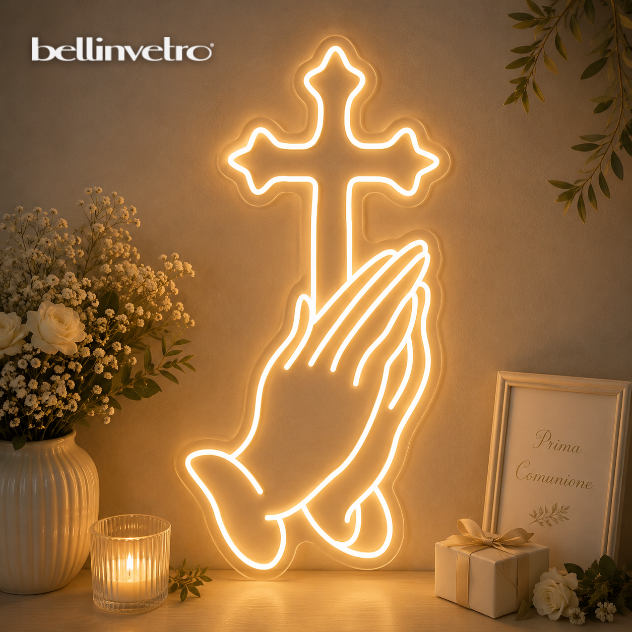 Simbolo comunione e cresima croce con mani in preghiera neon led | monocolore da parete | d'appoggio BELLINVETRO VR 1487