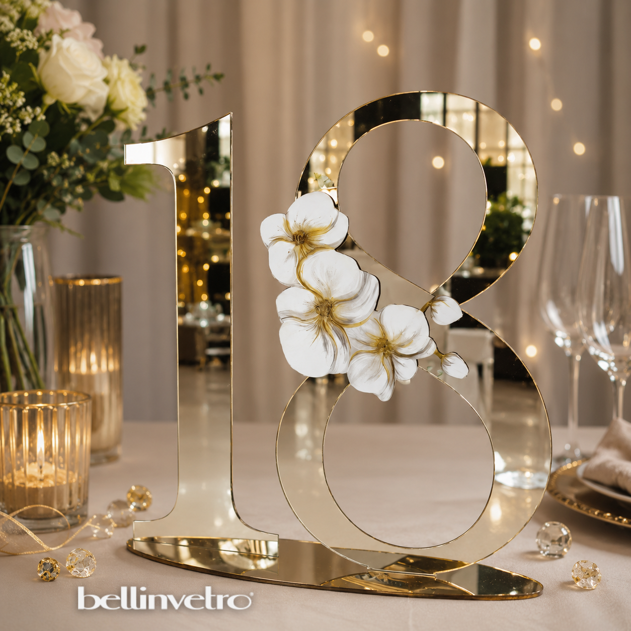 Numero personalizzabile in plexiglass specchiato con decoro floreale BELLINVETRO VR 422