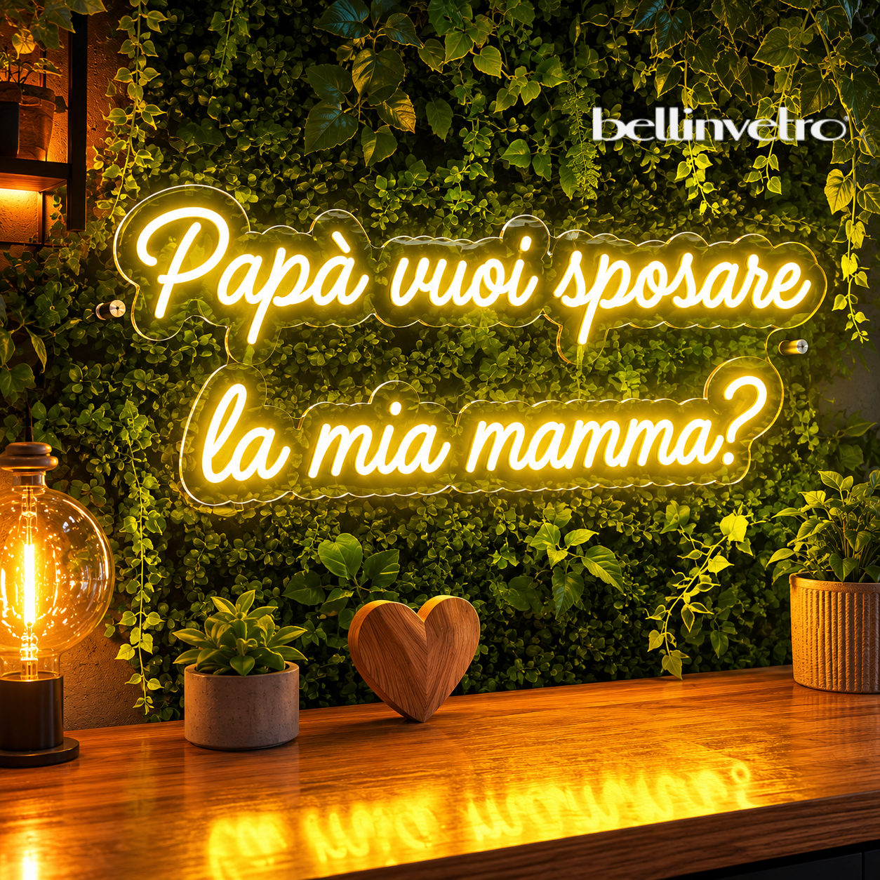 Scritta neon LED INCASSATO | Papà vuoi sposare la mia mamma ? | monocolore da parete BELLINVETRO VR 1501