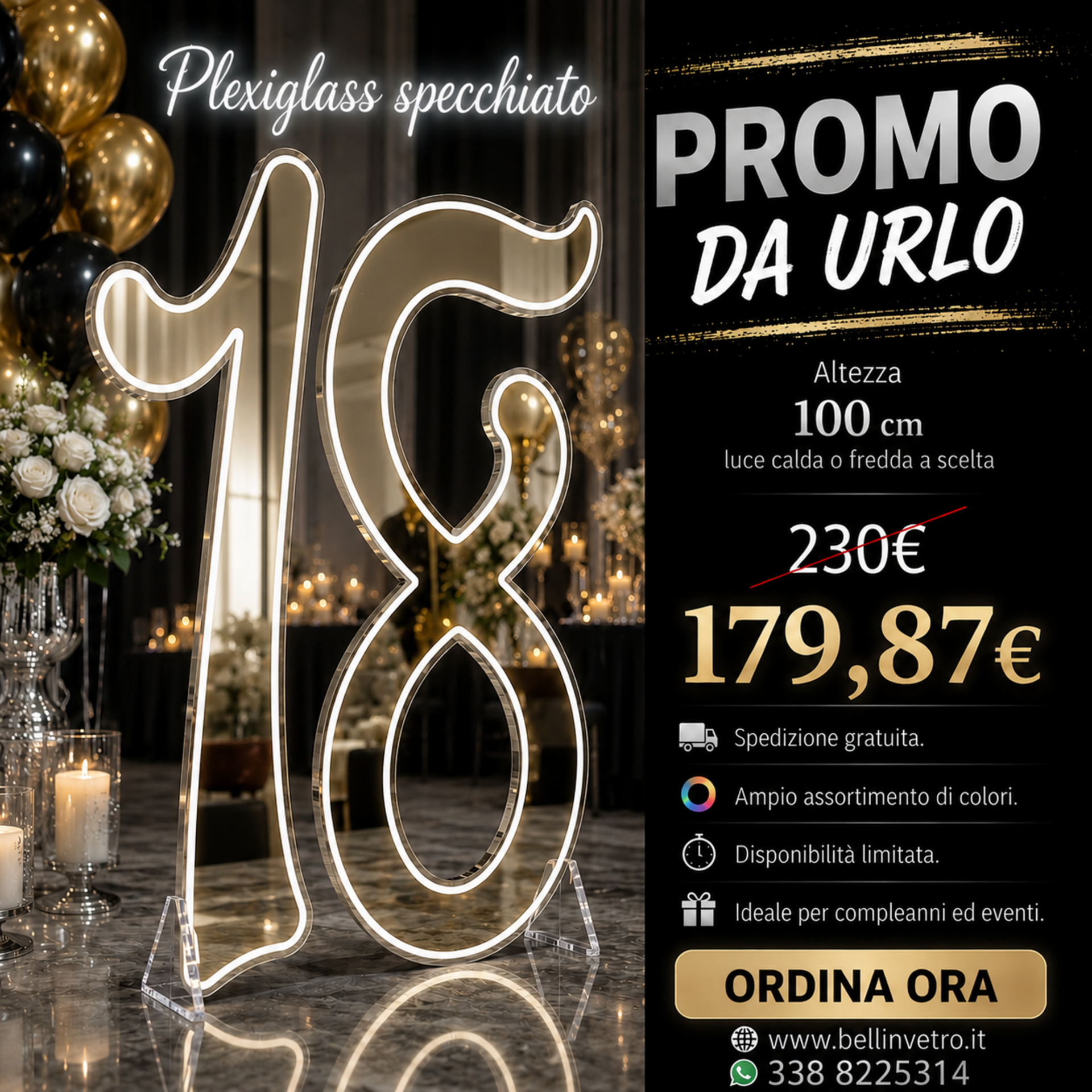 PROMO Numero 18 con plexiglass specchiato neon led monocolore da parete | d'appoggio BELLINVETRO VR 831