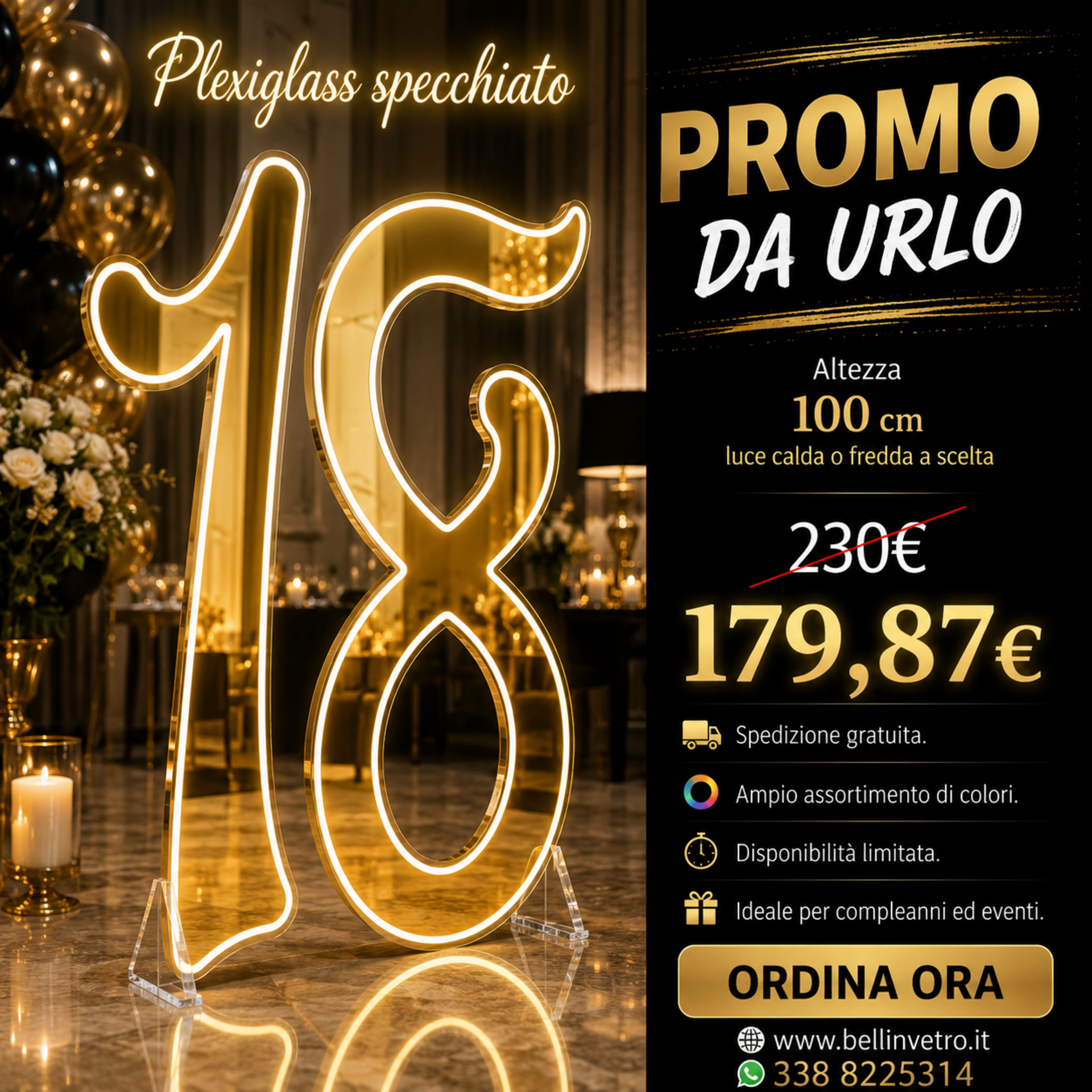 PROMO Numero 18 con plexiglass specchiato neon led monocolore da parete | d'appoggio BELLINVETRO VR 831