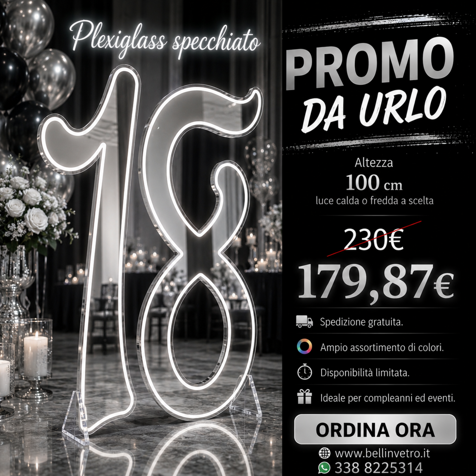 PROMO Numero 18 con plexiglass specchiato neon led monocolore da parete | d'appoggio BELLINVETRO VR 831