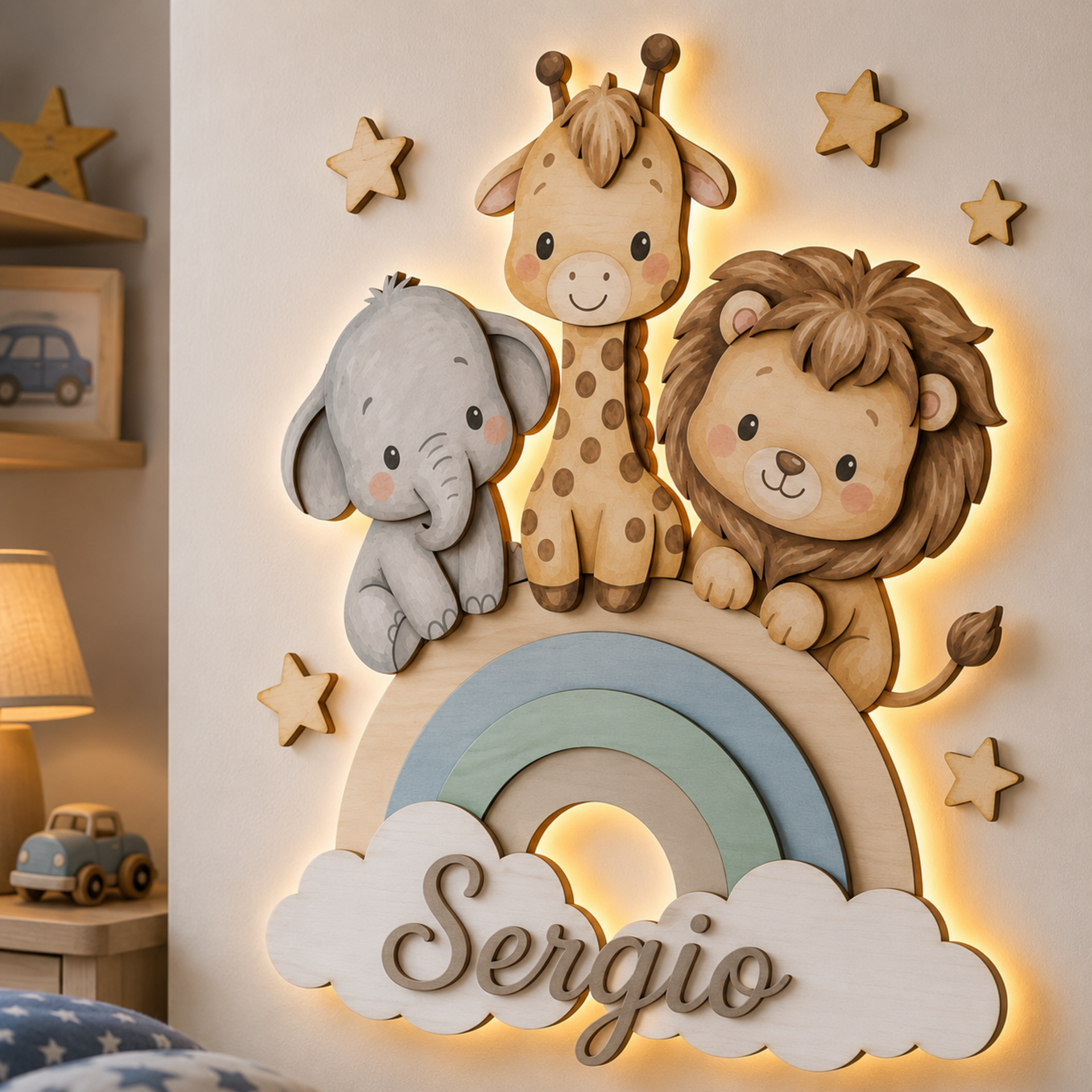 Fiocco Nascita - Arcobaleno - Animali della Savana con nome personalizzato BELLINVETRO VR-UV 1521