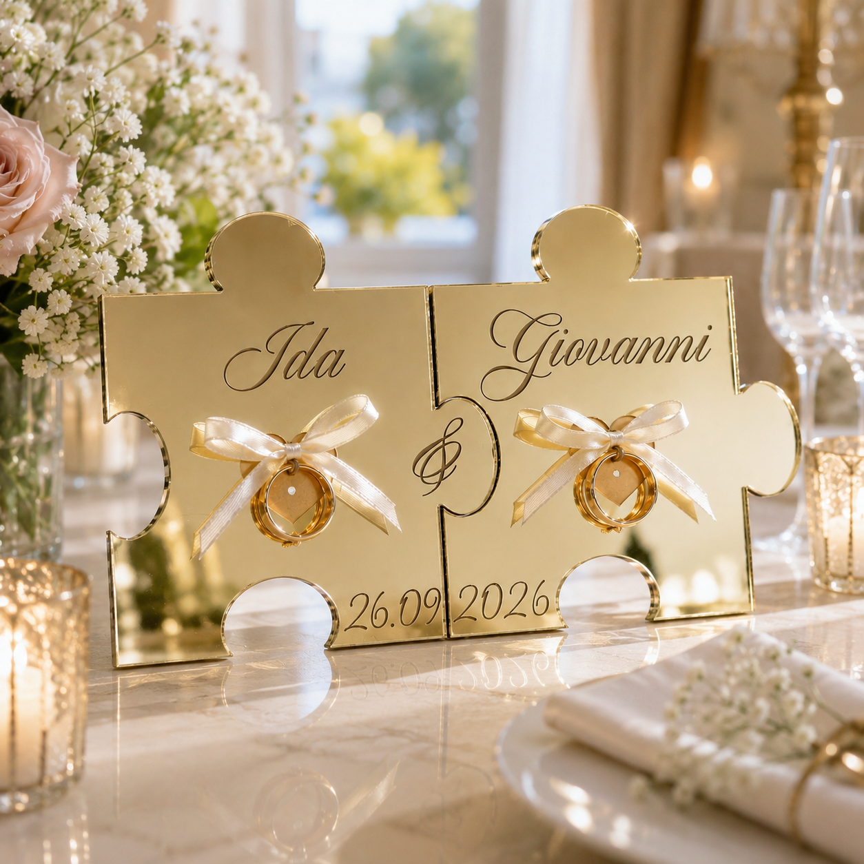 Portafedi Puzzle  in plexiglass specchiato personalizzato con incisione BELLINVETRO VR 1367 - 22L x 12H cm