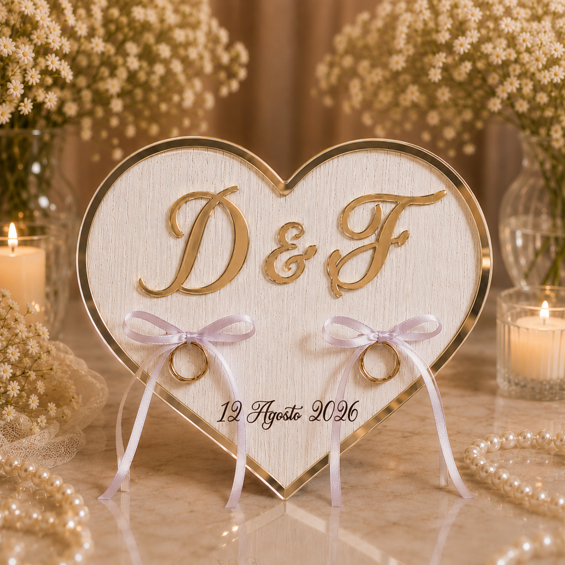 Portafedi "cuore" personalizzato con incisione e sovrapposizione in plexiglass specchiato BELLINVETRO VR 1522