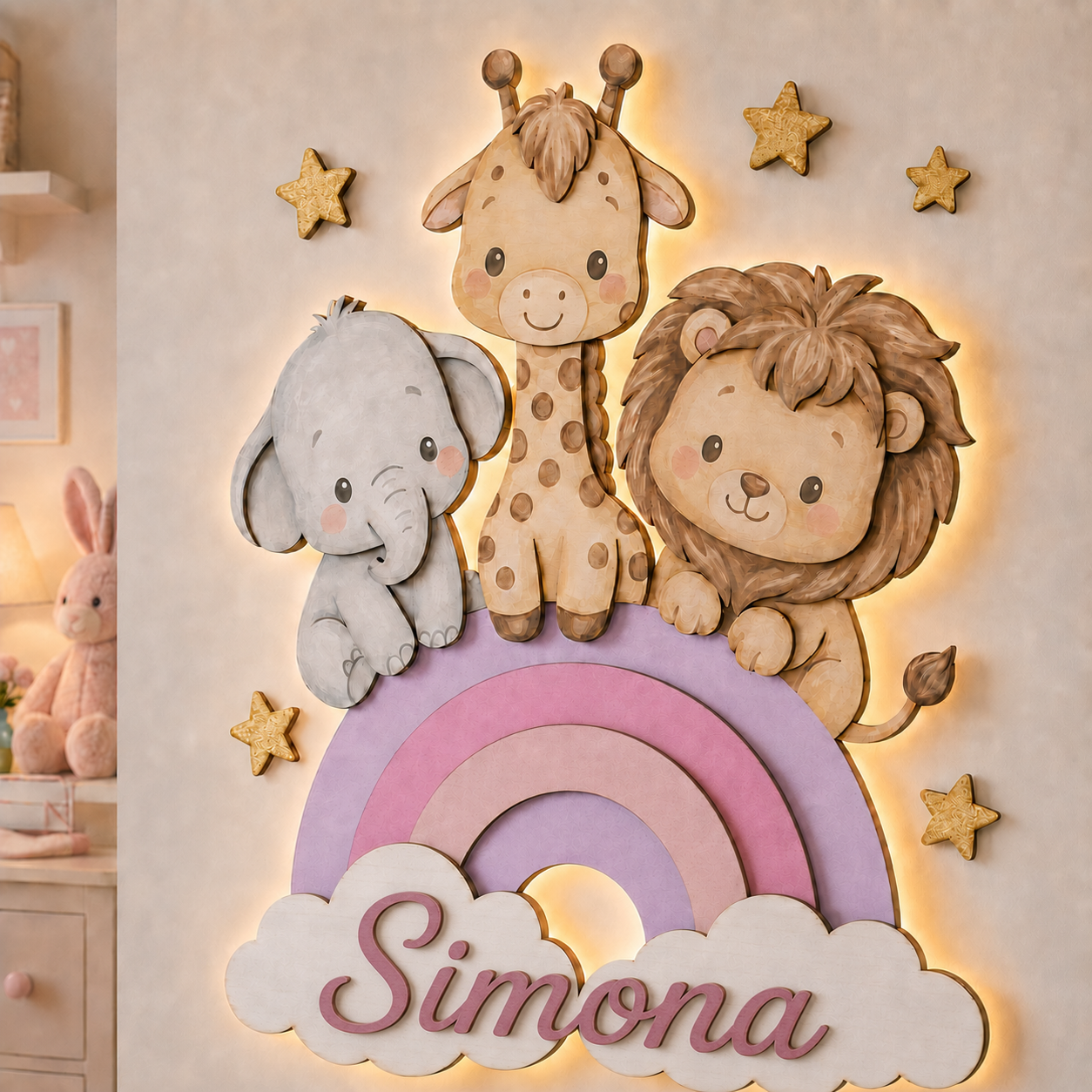 Fiocco Nascita - Arcobaleno - Animali della Savana con nome personalizzato BELLINVETRO VR-UV 1521