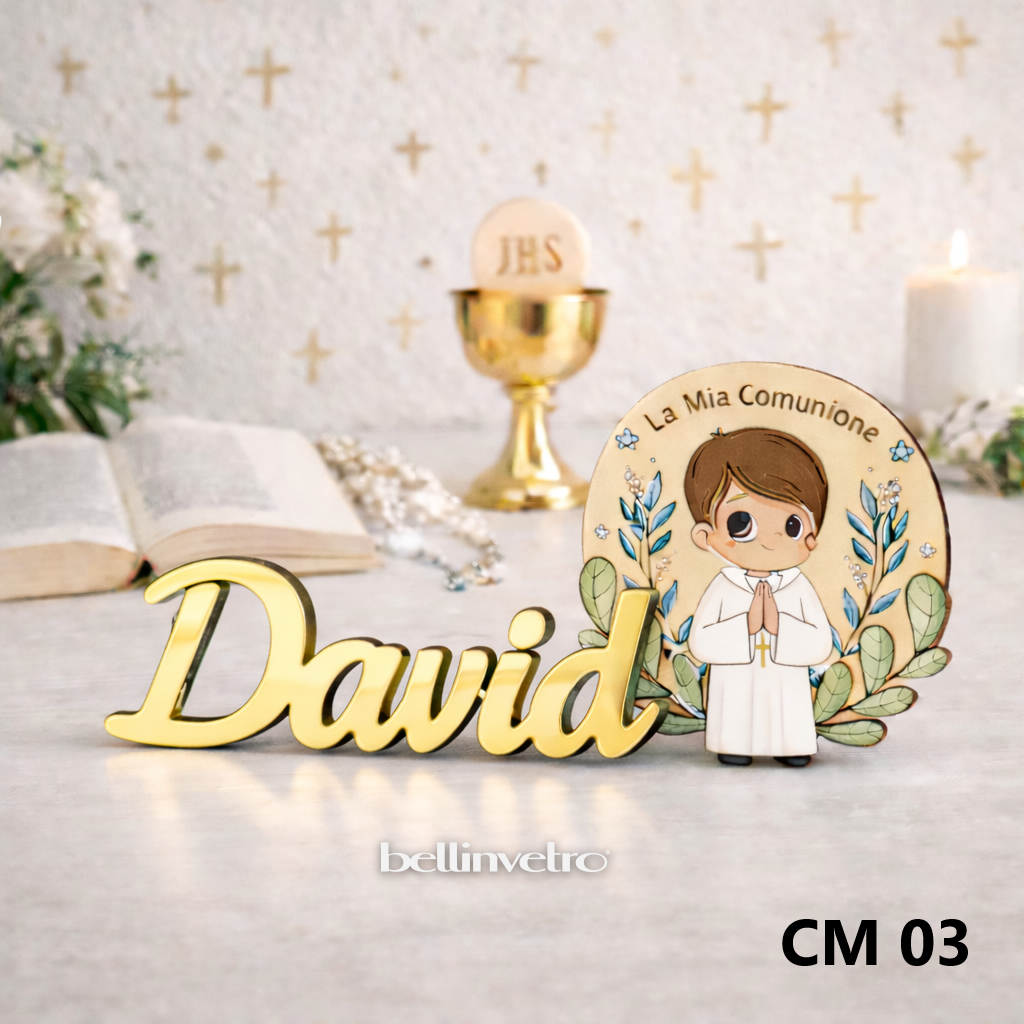Nomi personalizzati in PLEXIGLASS SPECCHIATO con personaggio tema Cominione BELLINVETRO VR-UV 1453