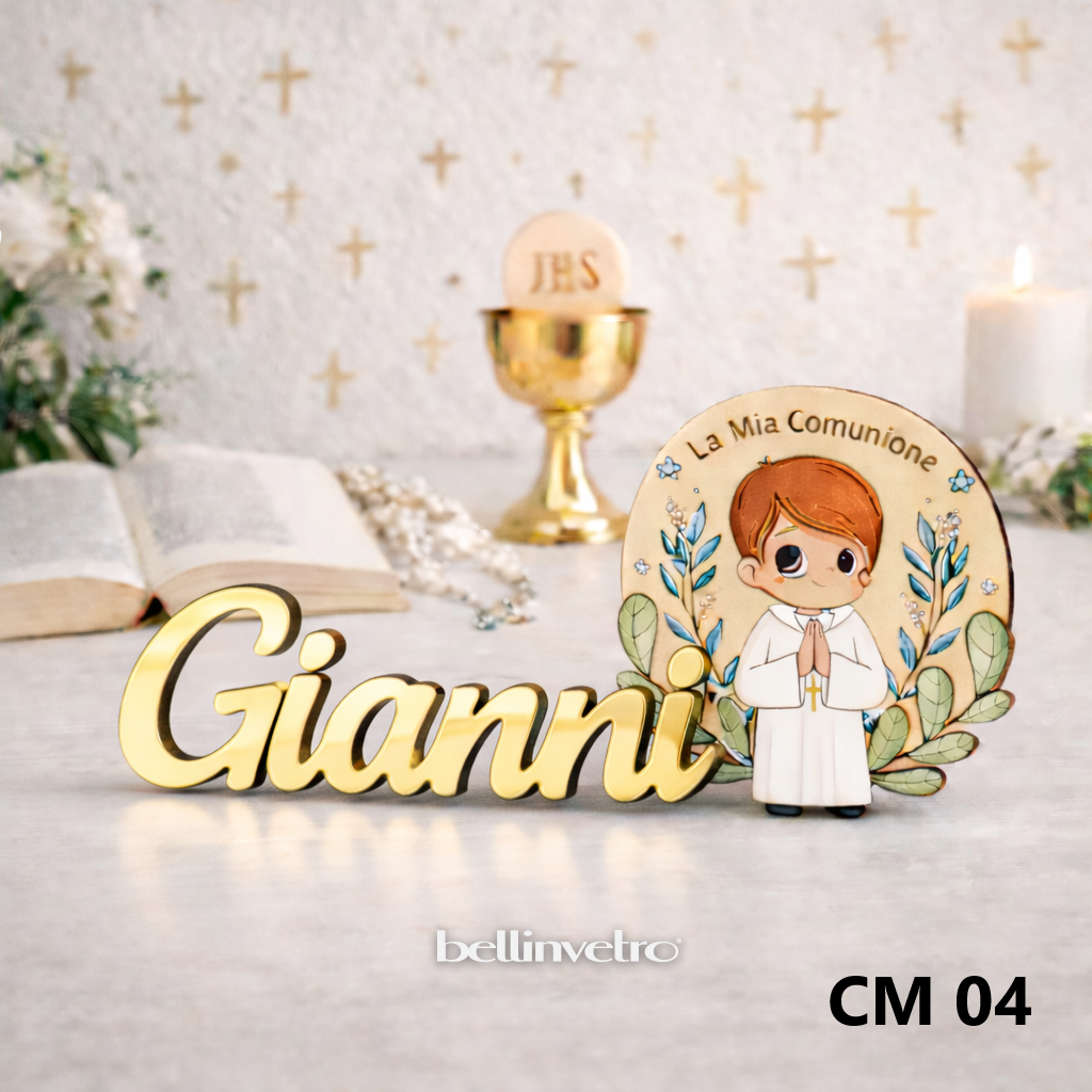 Nomi personalizzati in PLEXIGLASS SPECCHIATO con personaggio tema Cominione BELLINVETRO VR-UV 1453