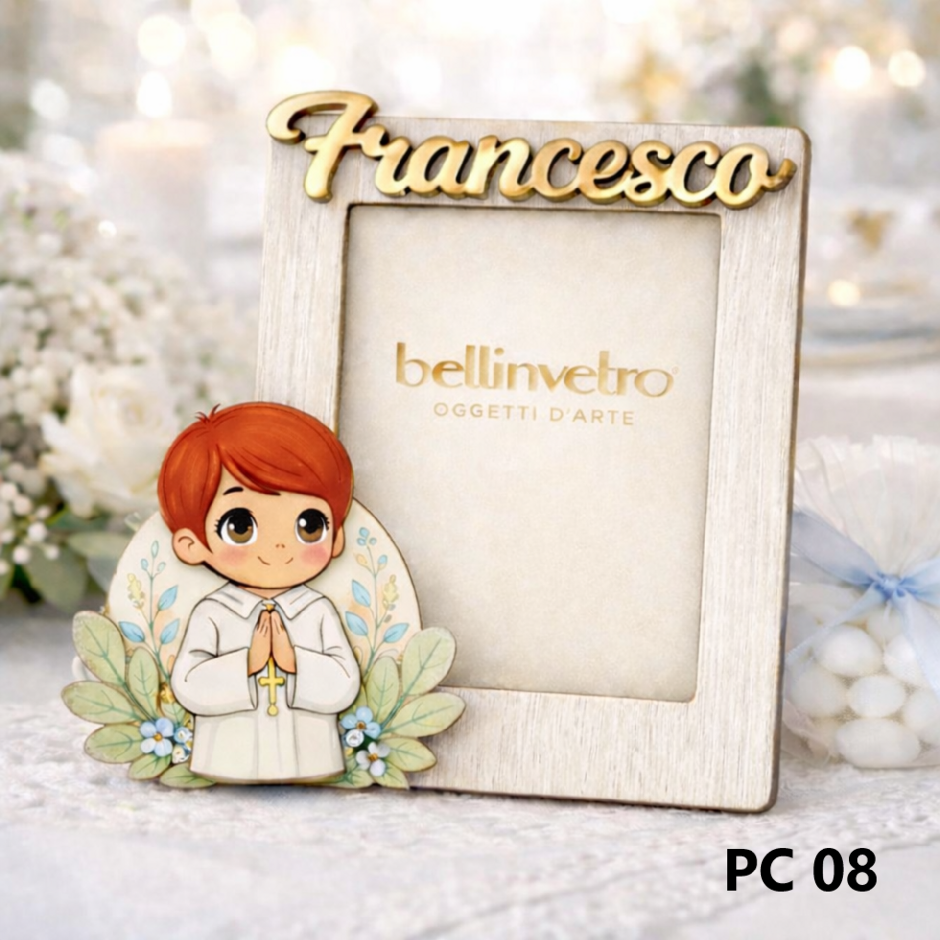 Portafoto personalizzato in legno con nome in plexiglass e personaggio "Comunione" BELLINVETRO VR-UV 1524