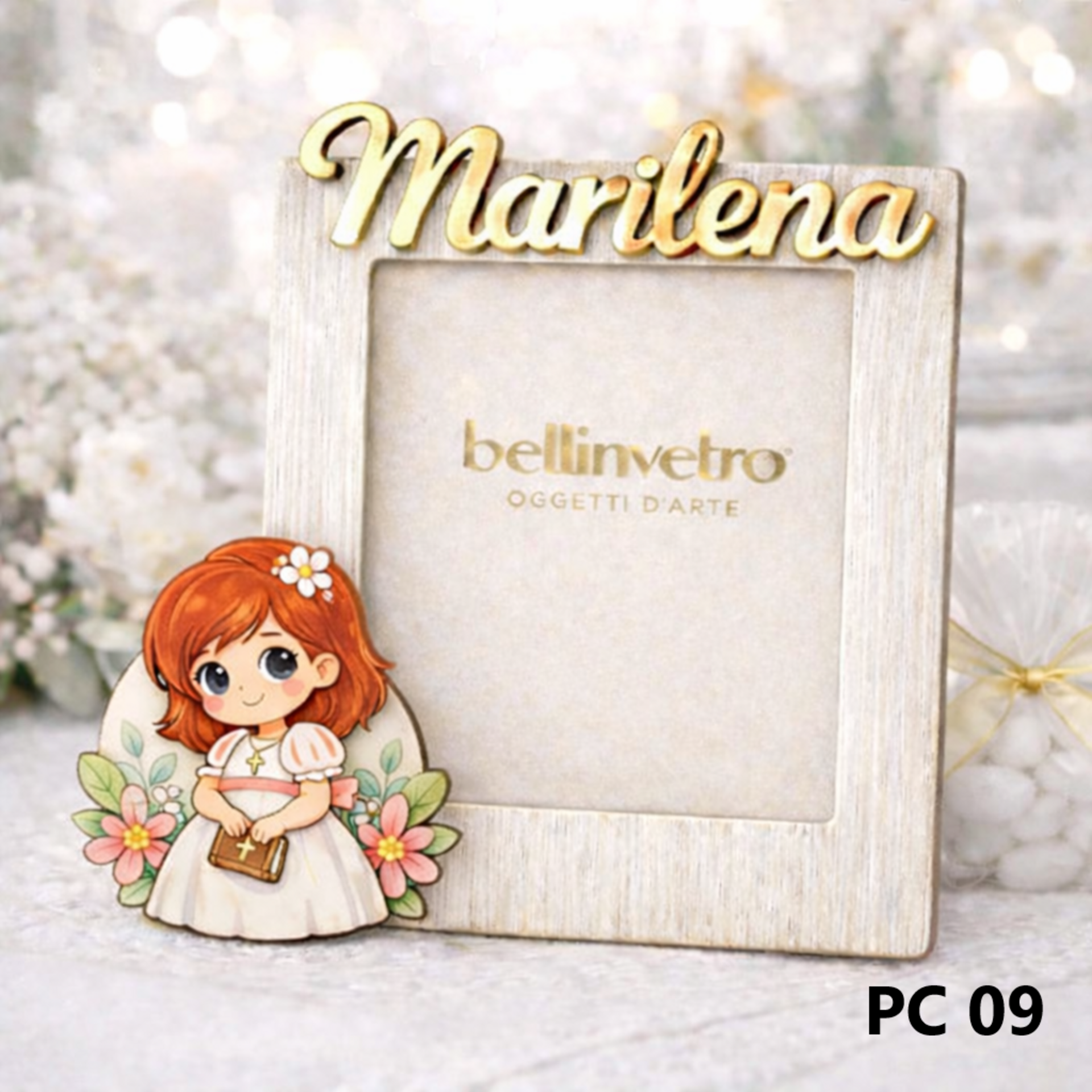 Portafoto personalizzato in legno con nome in plexiglass e personaggio "Comunione" BELLINVETRO VR-UV 1524
