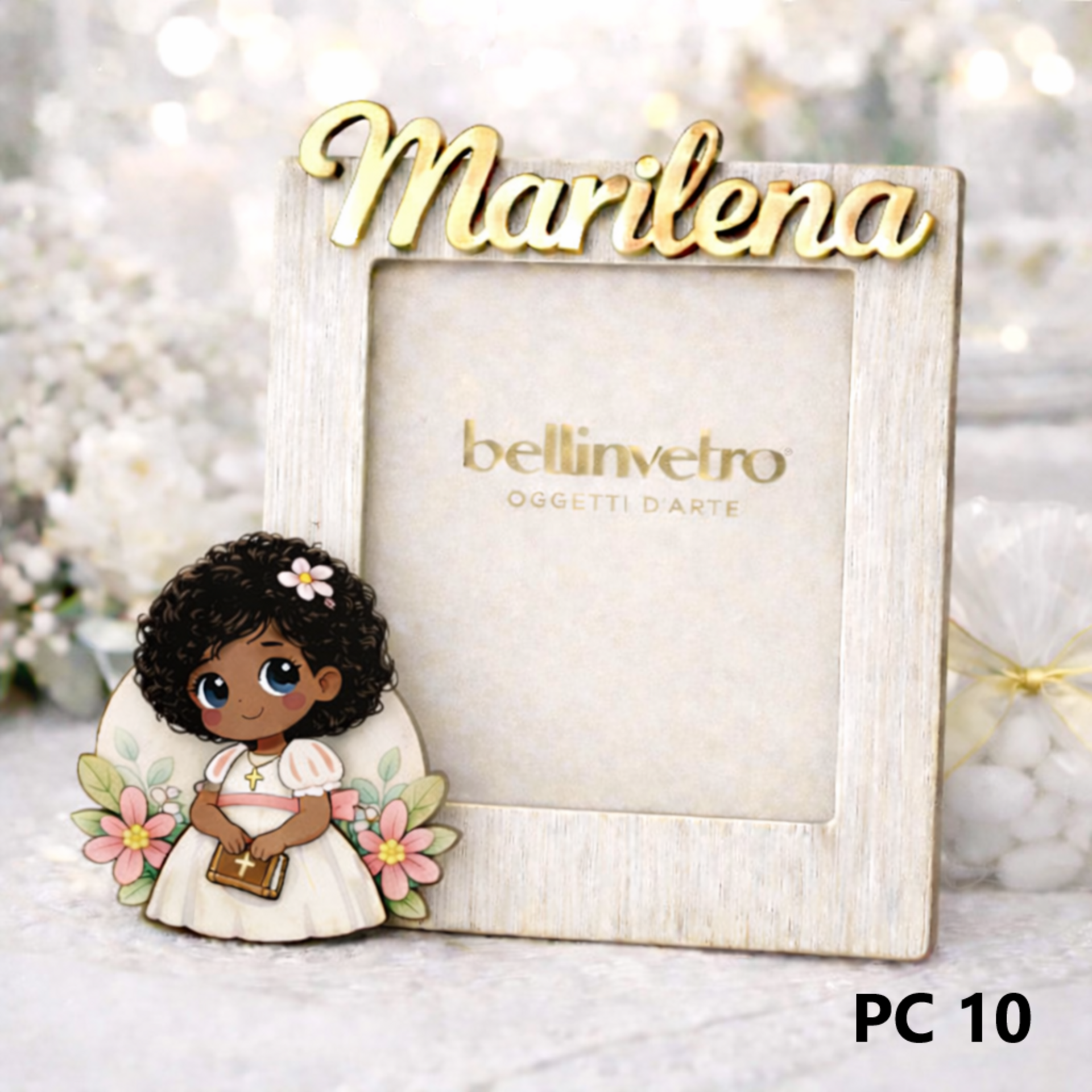 Portafoto personalizzato in legno con nome in plexiglass e personaggio "Comunione" BELLINVETRO VR-UV 1524