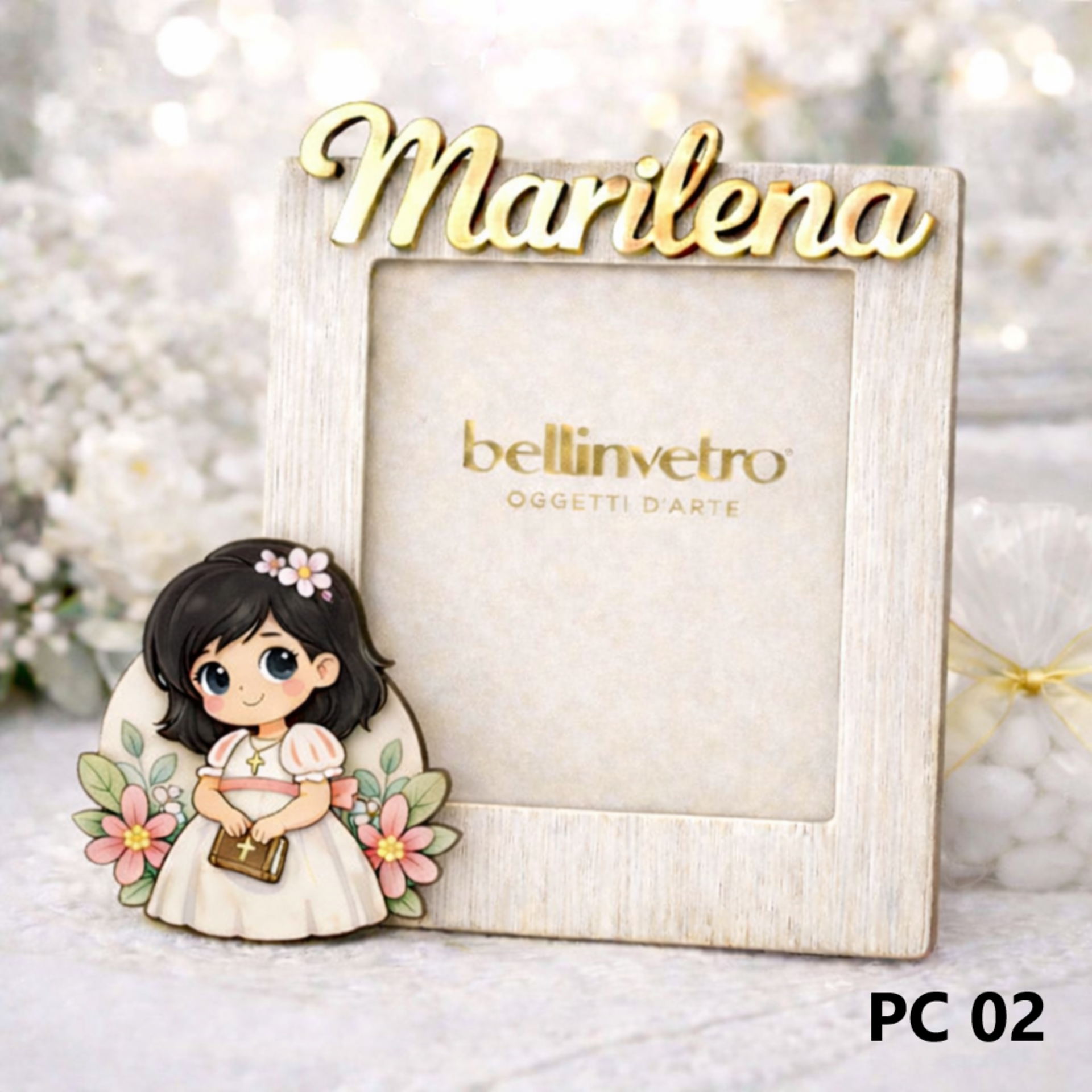 Portafoto personalizzato in legno con nome in plexiglass e personaggio "Comunione" BELLINVETRO VR-UV 1524