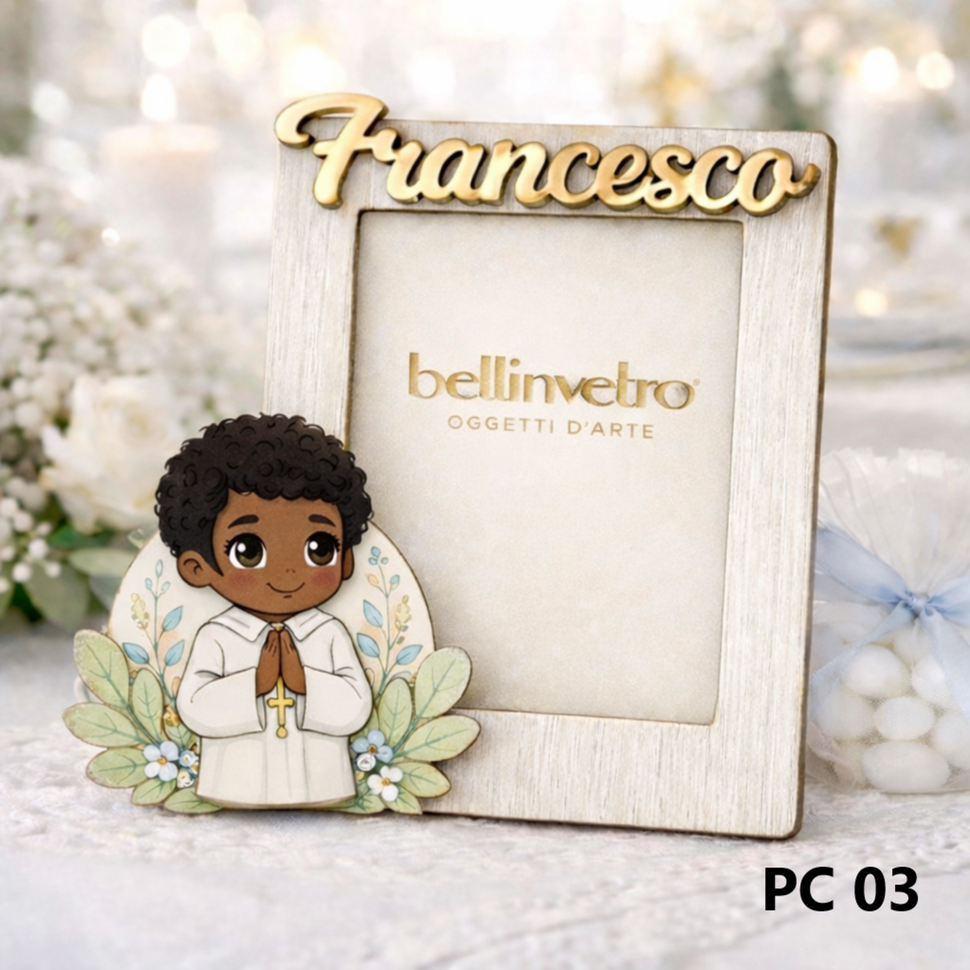 Portafoto personalizzato in legno con nome in plexiglass e personaggio "Comunione" BELLINVETRO VR-UV 1524