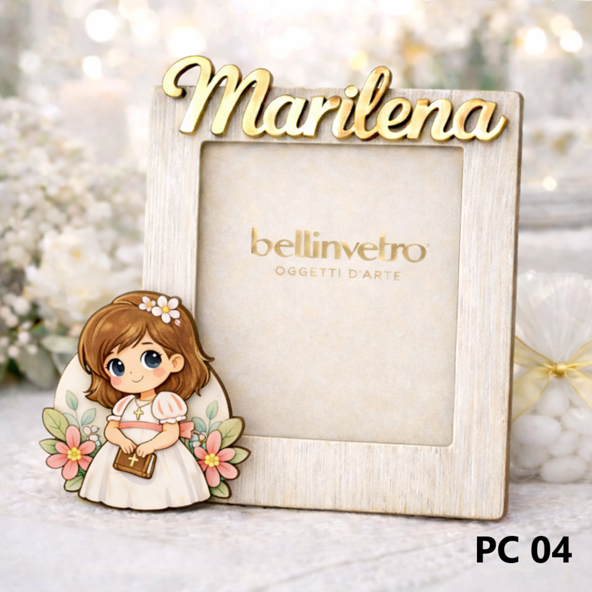 Portafoto personalizzato in legno con nome in plexiglass e personaggio "Comunione" BELLINVETRO VR-UV 1524