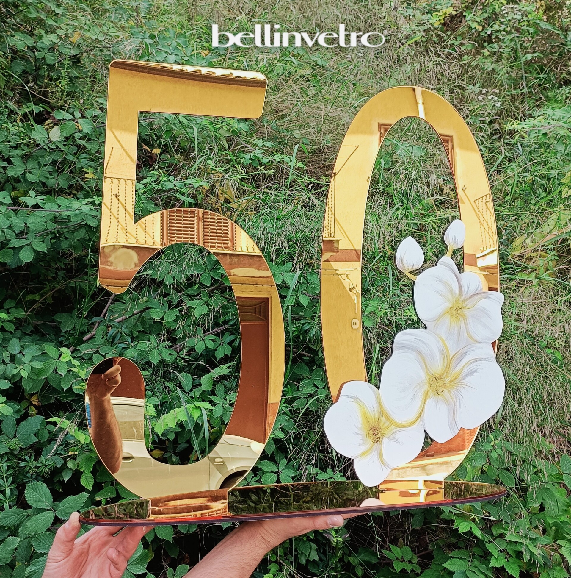 Numero personalizzabile in plexiglass specchiato con decoro floreale BELLINVETRO VR 422