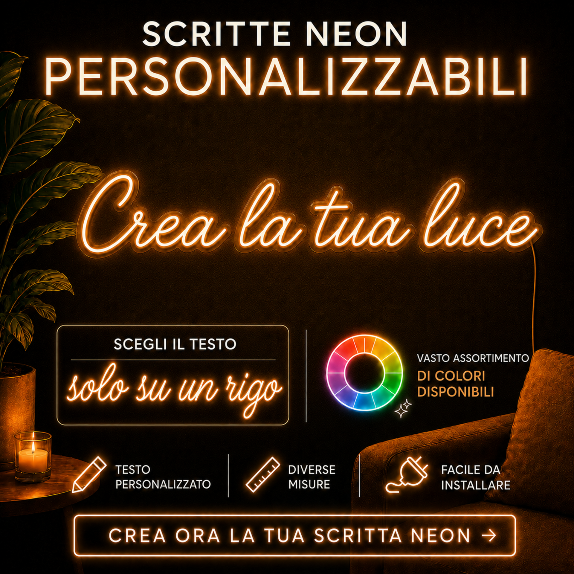 Scritta neon su unica riga | LED INCASSATO | PERSONALIZZABILE | monocolore da parete BELLINVETRO SNUR