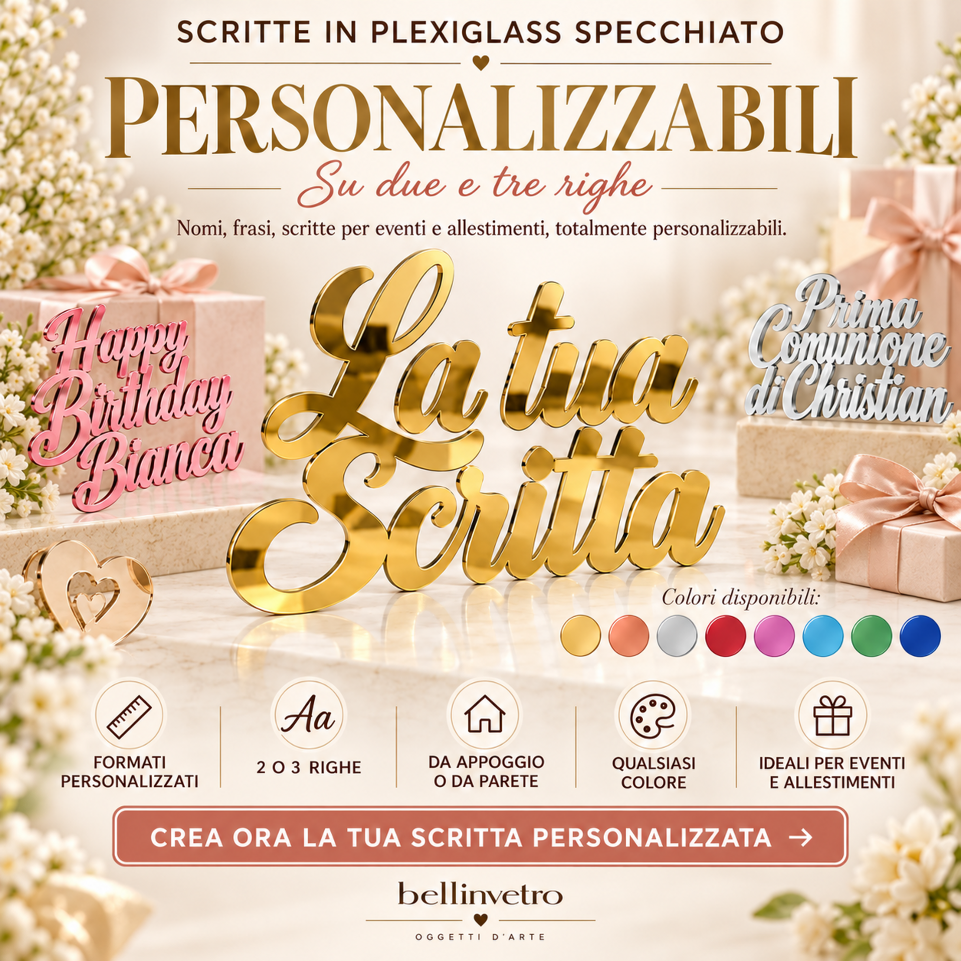 Scritte PERSONALIZZABILI in plexiglass specchiato su due | tre righe BELLINVETRO VR 158