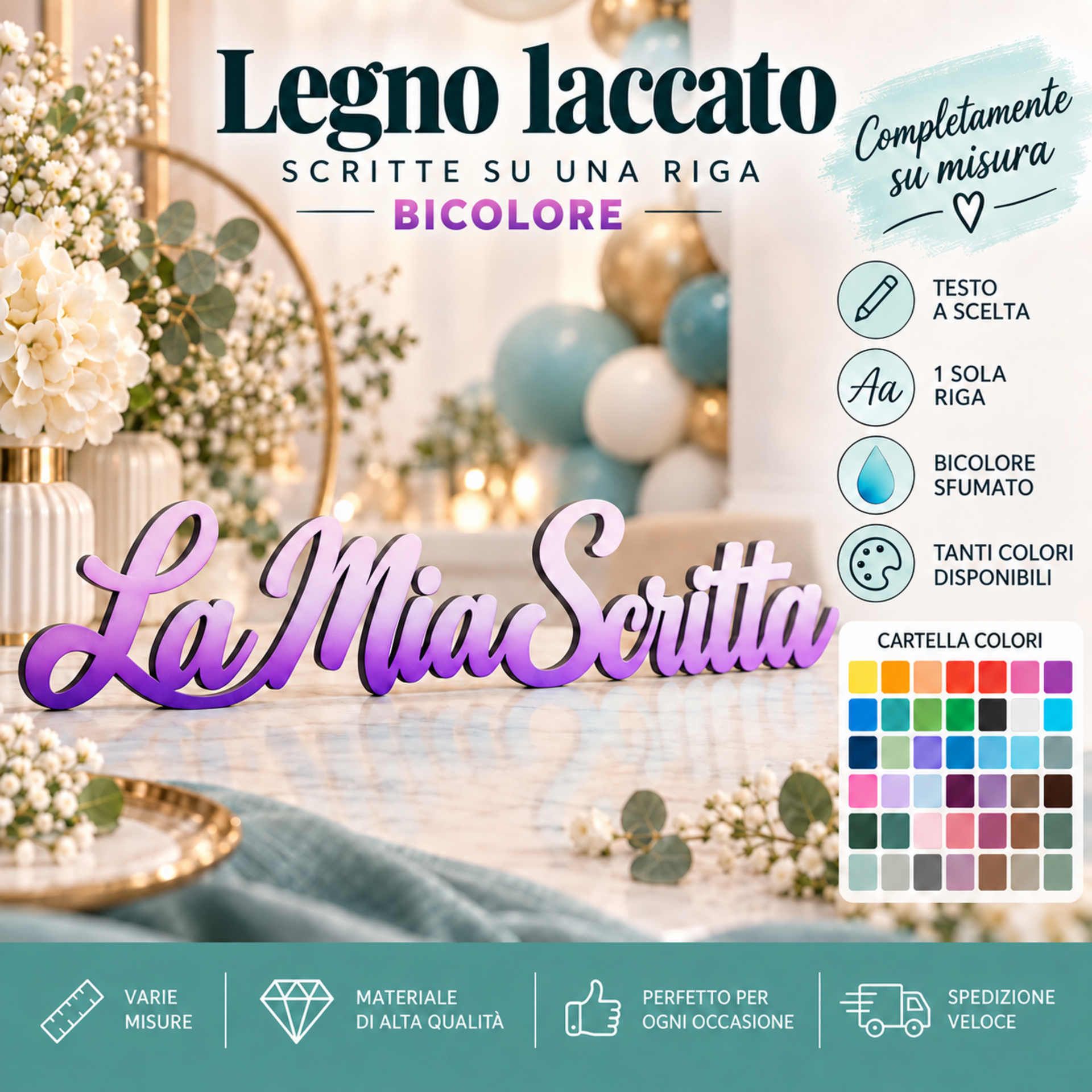 Scritte e nomi personalizzati in legno su una riga doppio colore BELLINVETRO VR 158