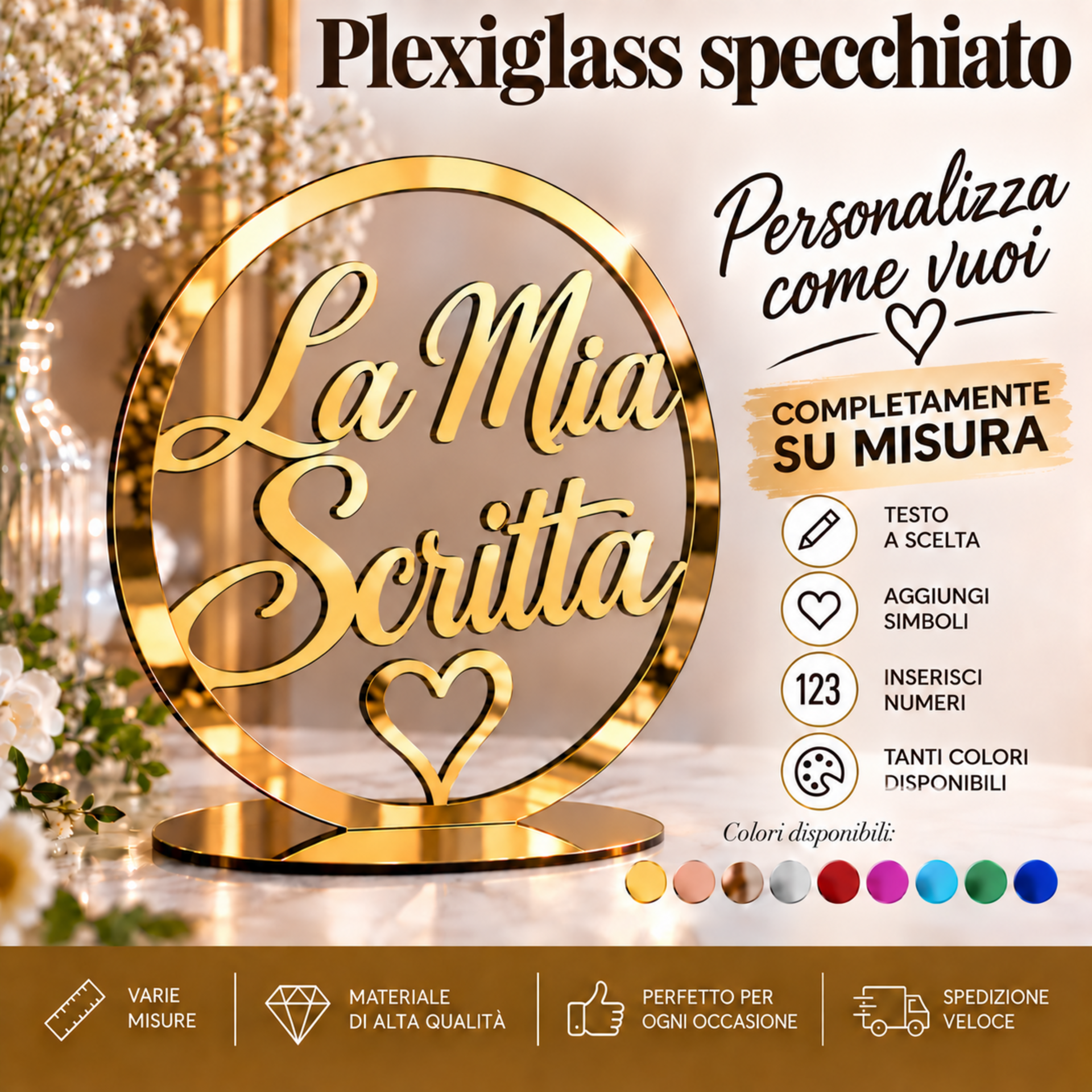 Cerchio in plexiglass specchiato con testo personalizzabile BELLINVETRO VR 1531