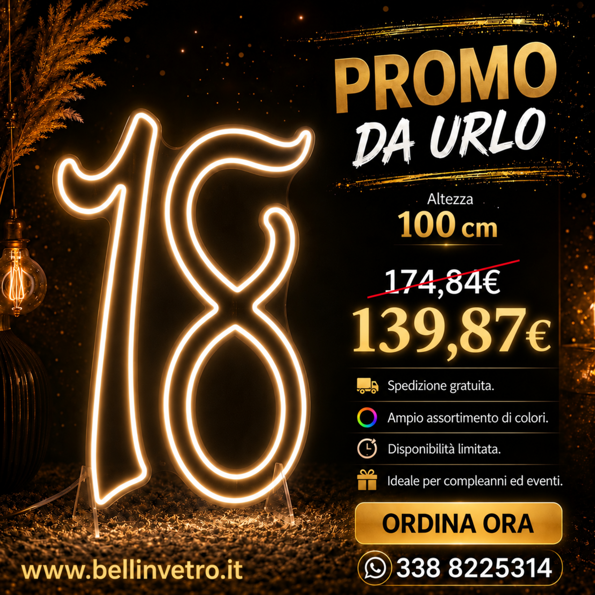 PROMO Numero 18 neon led monocolore da parete | d'appoggio BELLINVETRO VR 831