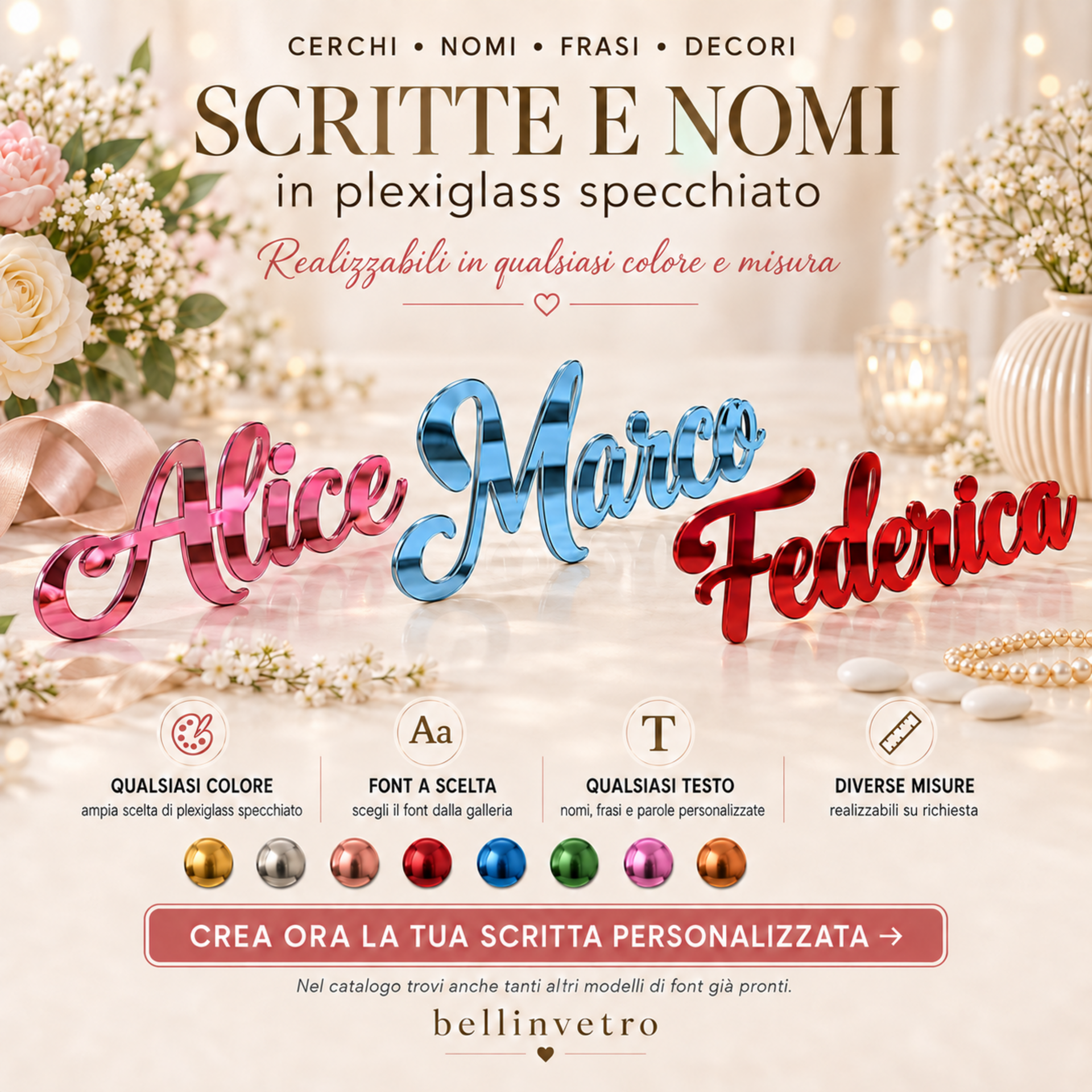 Scritte e nomi personalizzati in plexiglass specchiato su una riga BELLINVETRO VR 158