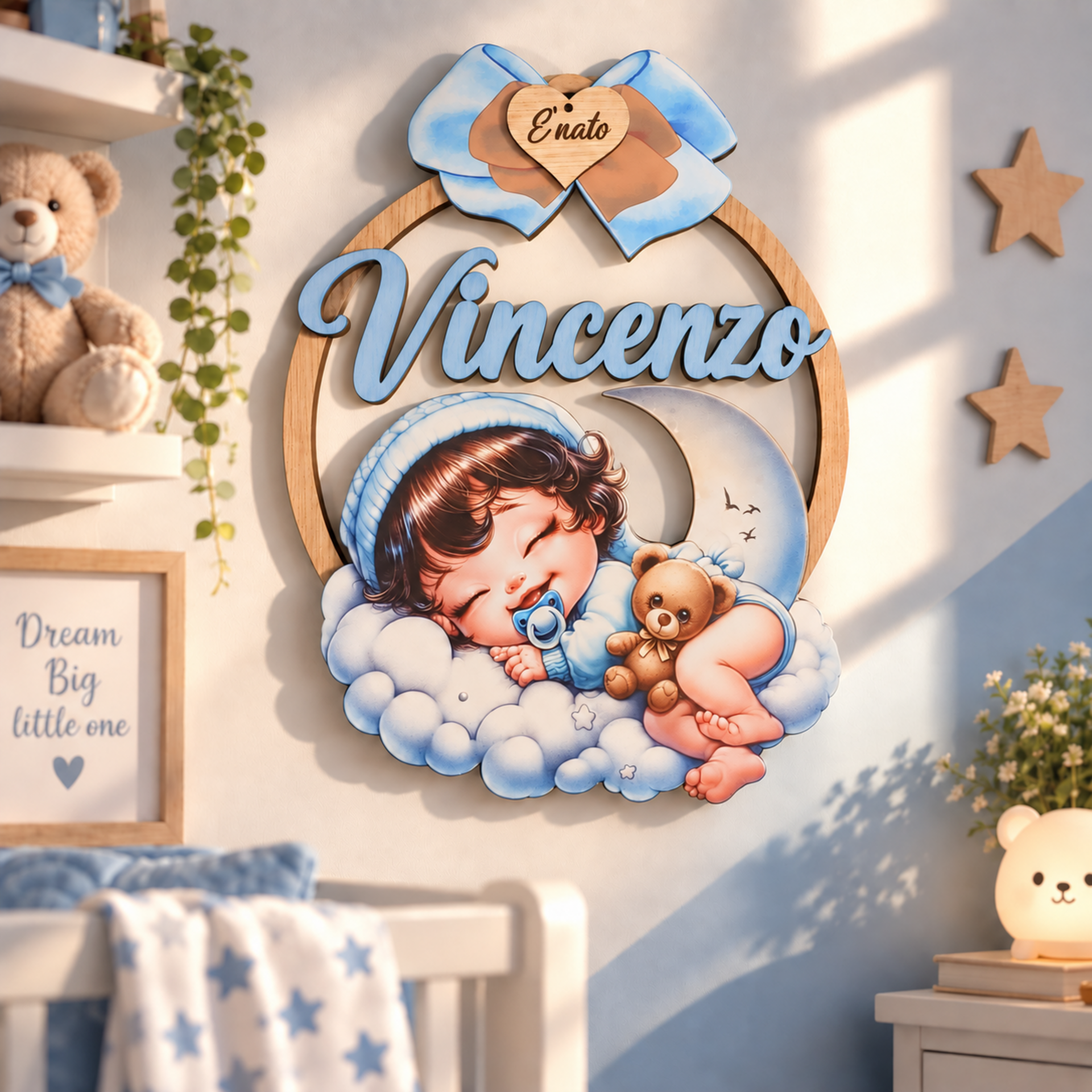 Fiocco Nascita bimbo che dorme su nuvola VERSIONE MASCHILE BELLINVETRO VR-UV 1147