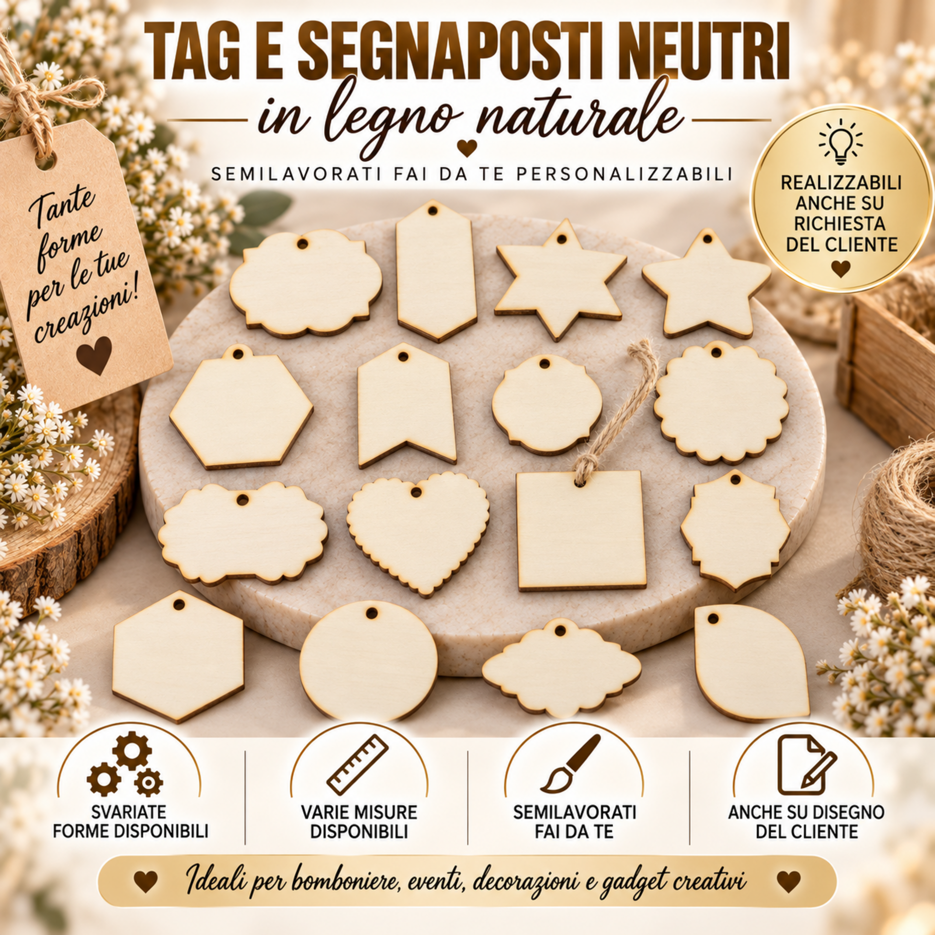 Tag e segnaposto neutri in legno naturale per il fai da te BELLINVETRO VR 1159