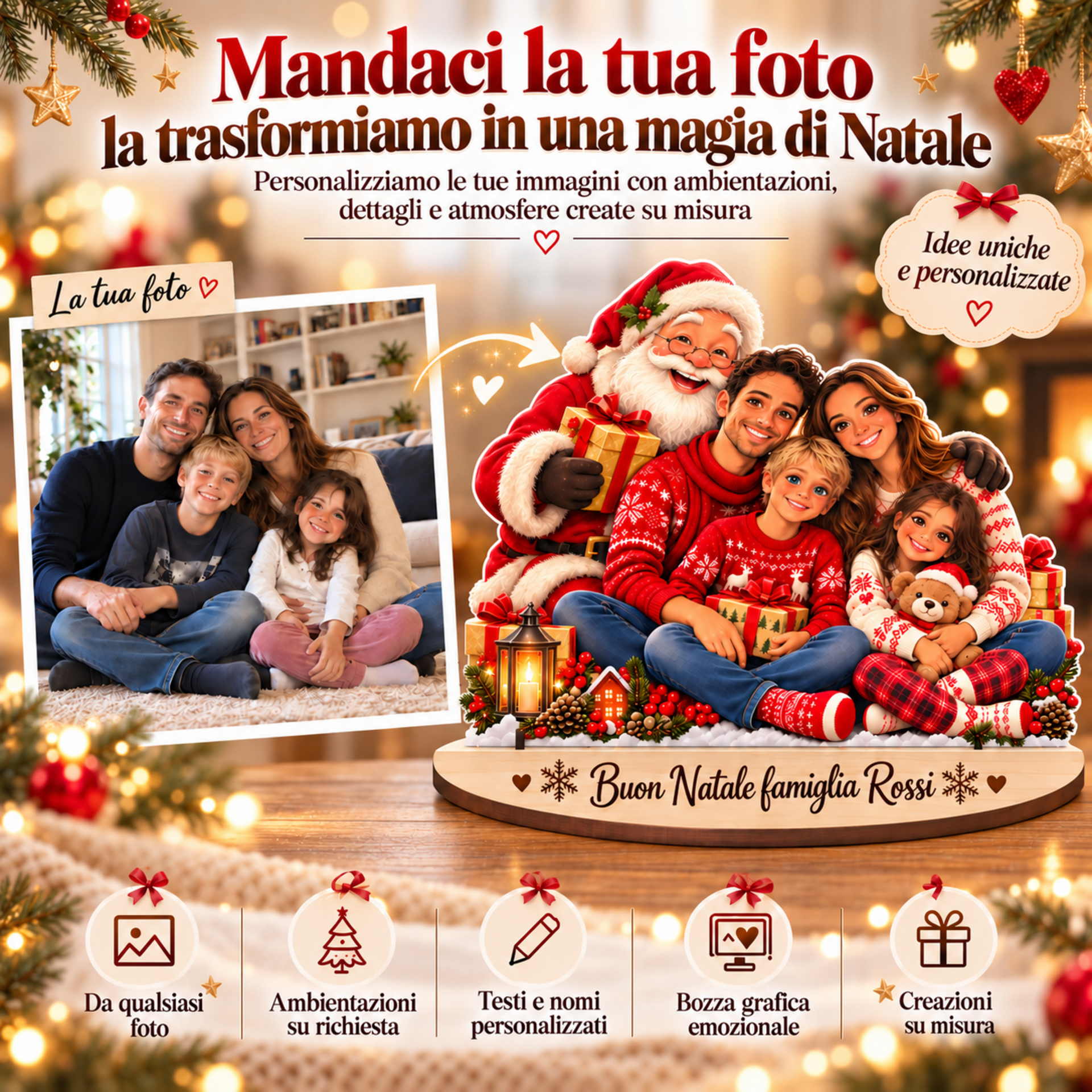 "il tuo Natale" | Decorazione personalizzata in legno con personaggi e dedica in legno BELLINVETRO VR-UV 314