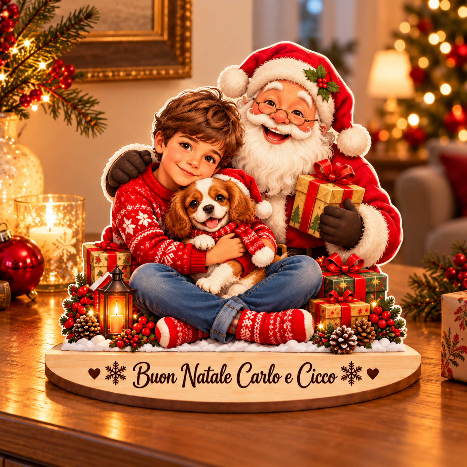 "il tuo Natale" | Decorazione personalizzata in legno con personaggi e dedica in legno BELLINVETRO VR-UV 314