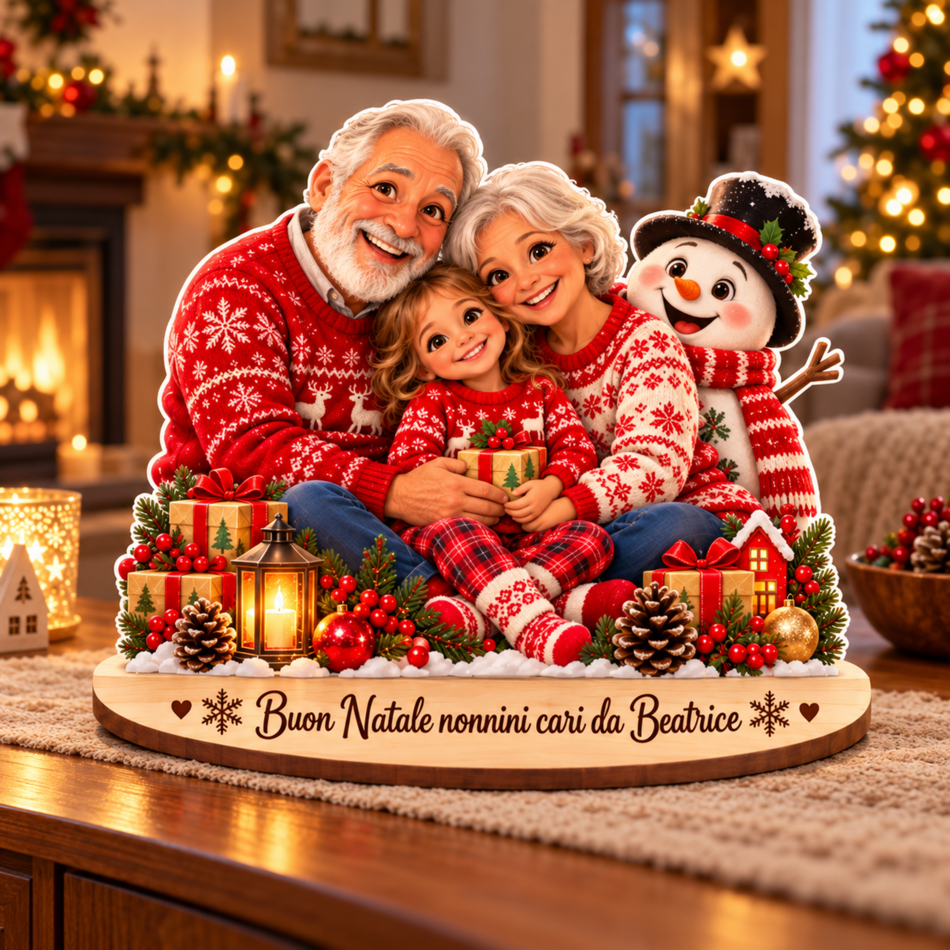 "il tuo Natale" | Decorazione personalizzata in legno con personaggi e dedica in legno BELLINVETRO VR-UV 314