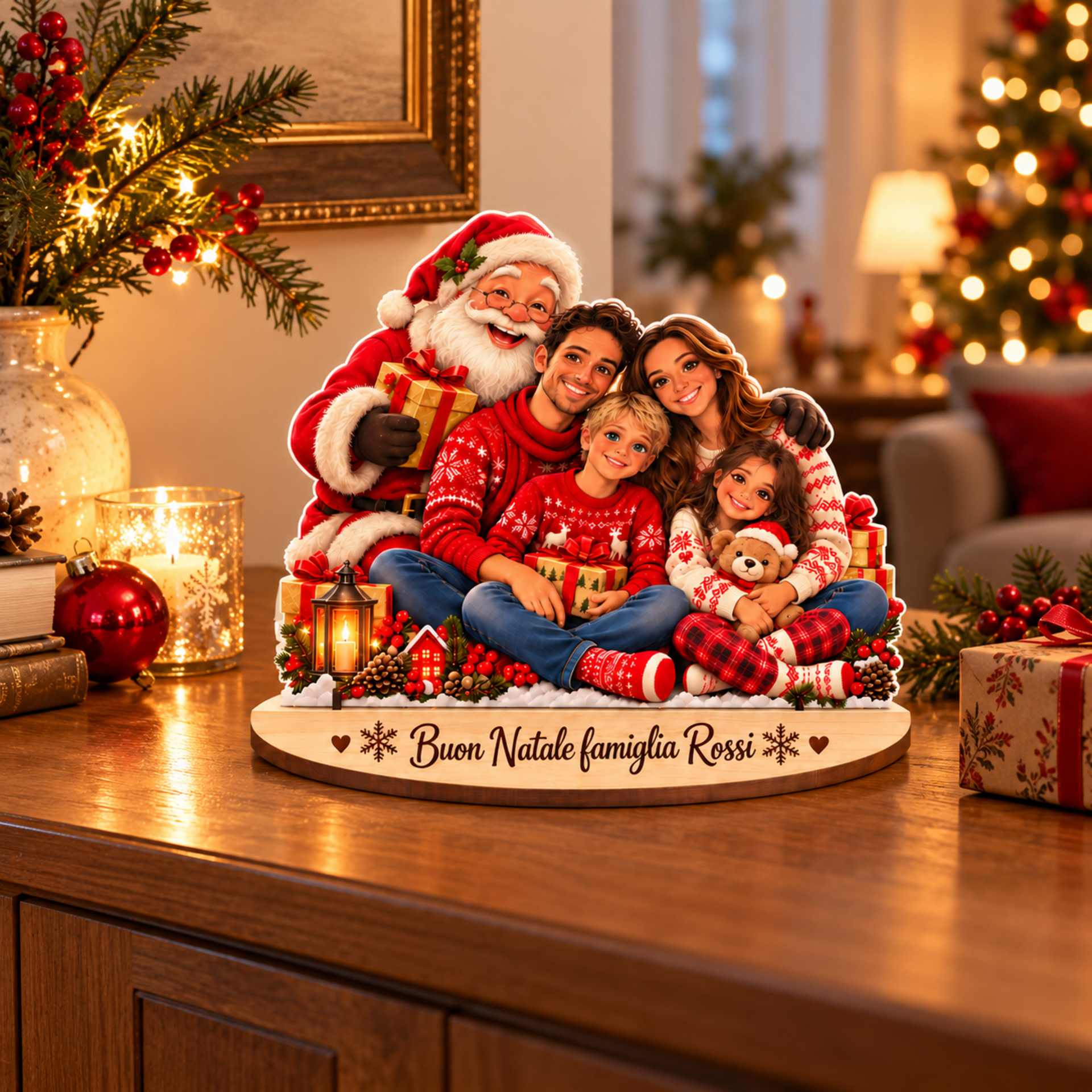 "il tuo Natale" | Decorazione personalizzata in legno con personaggi e dedica in legno BELLINVETRO VR-UV 314